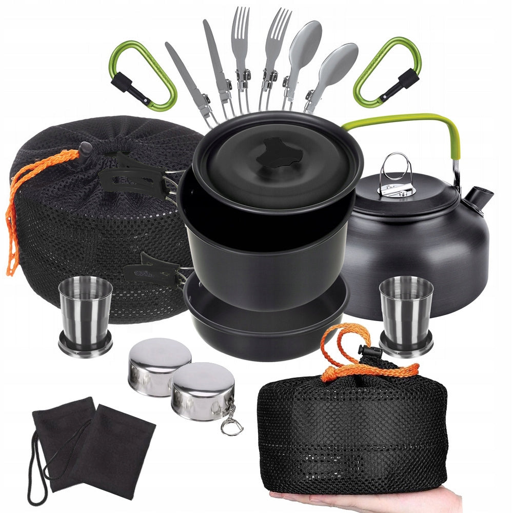 SET OF TOURIST POTS DISHES CAMPING KETTLE PAN POT 18in1