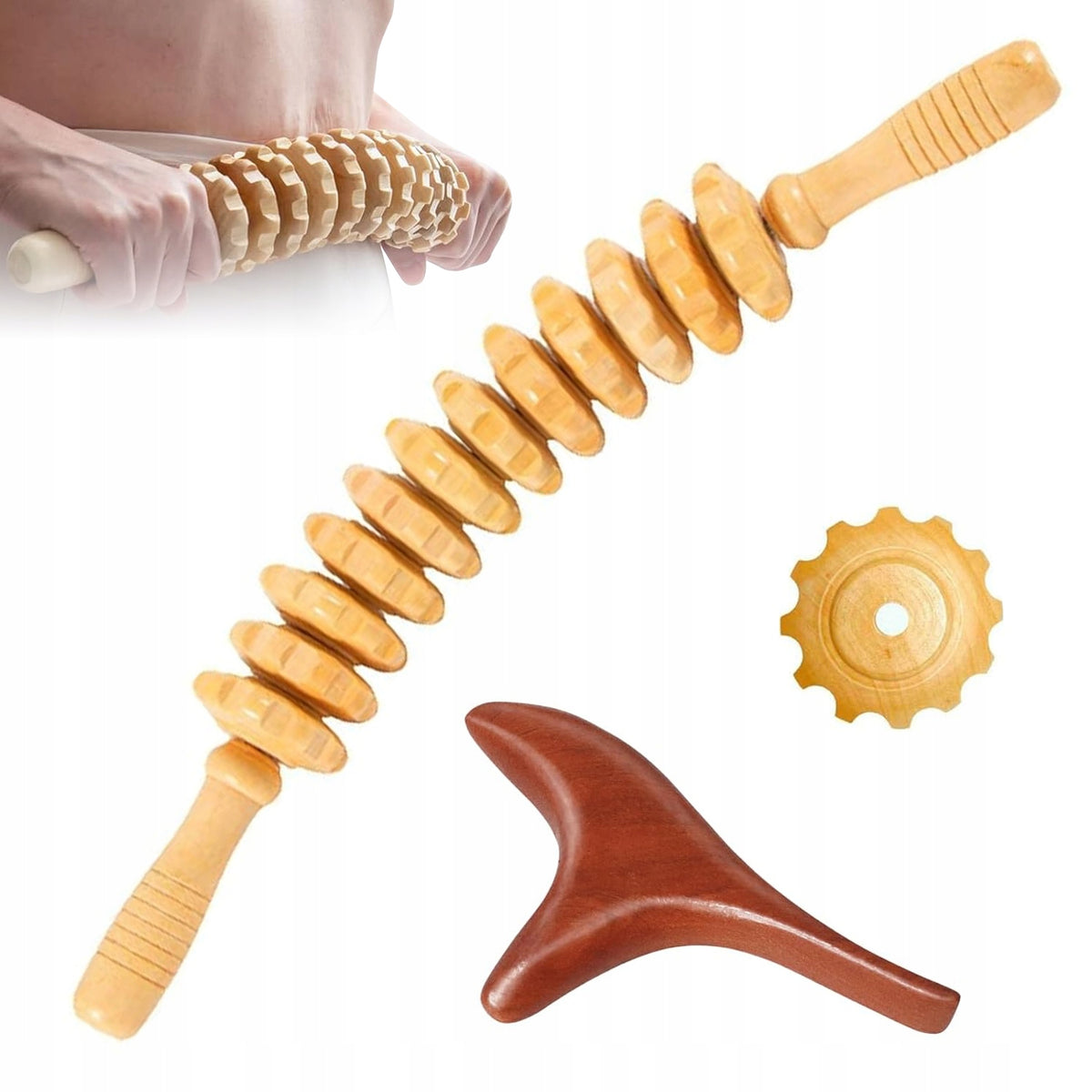 SET OF WOODEN ROLLER MASSAGERS AND BODY MASSAGE PLATE