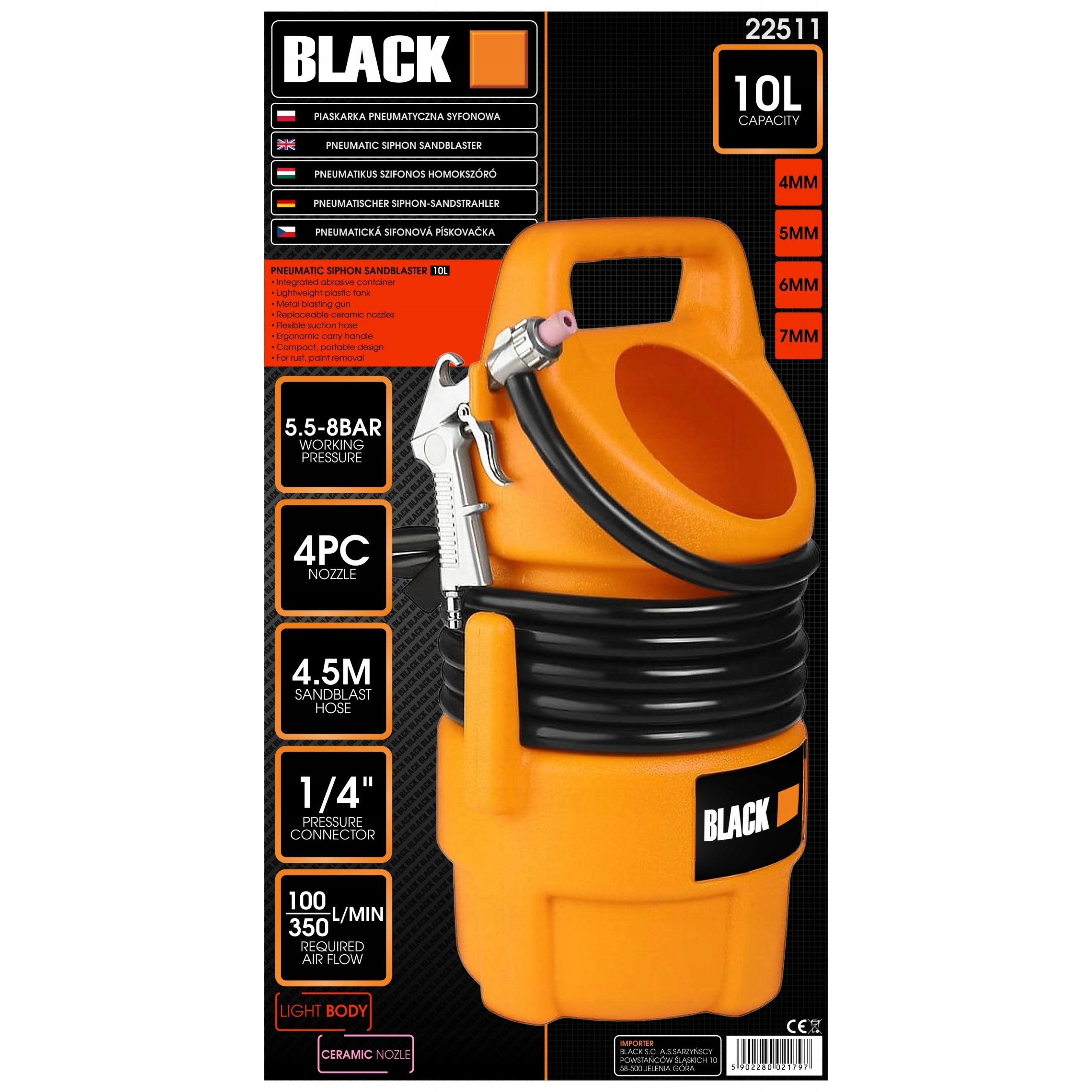 SET PNEUMATIC SIPHON SANDBLASTER BLACK 10L + 4 NOZZLES HOSE GUN Product weight with unit packaging 2.25 kg