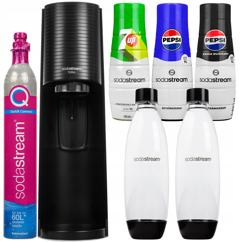 SET SATURATOR SODASTREAM TERRA BLACK WITH 2 BOTTLES + SYRUPS CONCENTRATES