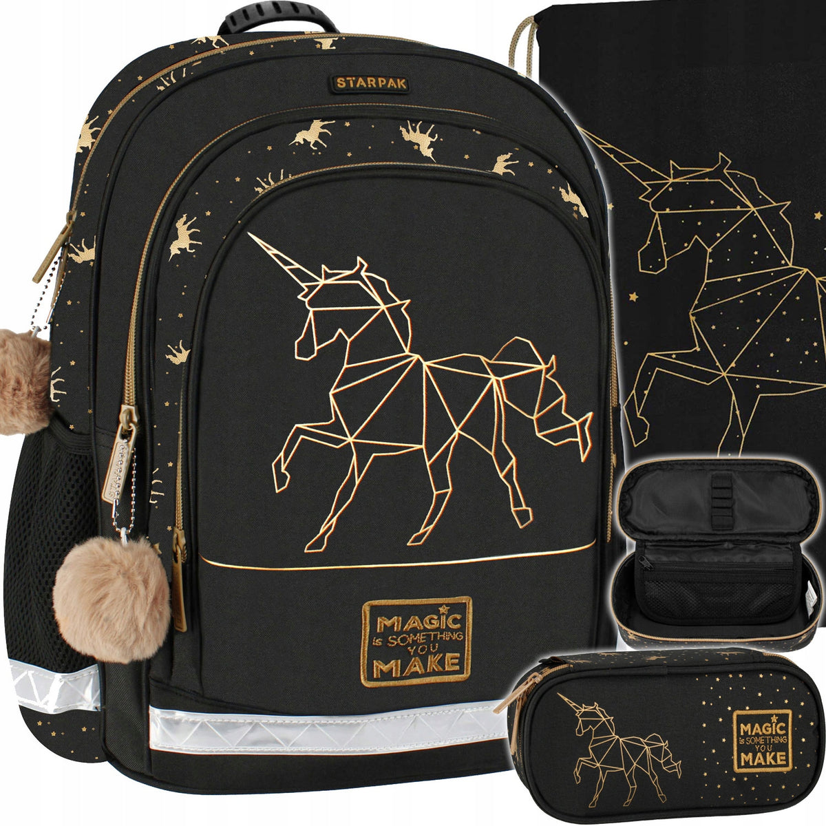 SET SCHOOL BACKPACK FOR GIRLS BLACK GOLD UNICORN PENCIL CASE BAG