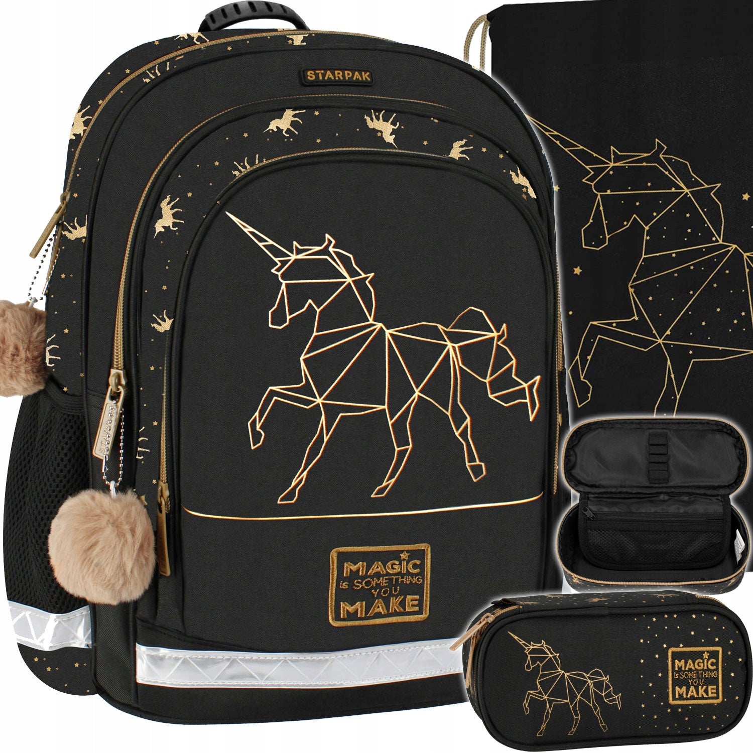 SET SCHOOL BACKPACK FOR GIRLS BLACK GOLD UNICORN PENCIL CASE BAG