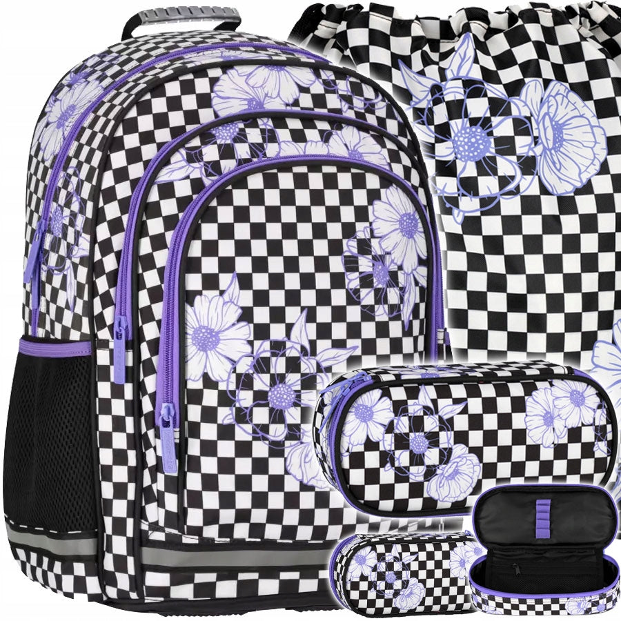 SET SCHOOL BACKPACK FOR GIRLS CHESSBOARD WITH FLOWERS PENCIL CASE BAG