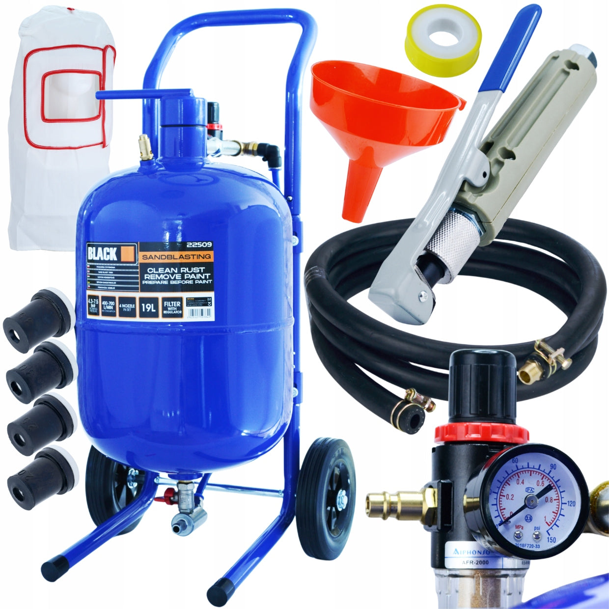 SET SIPHON SANDBLASTER 19L MOBILE ON WHEELS GUN 4 NOZZLES MASK HOSE