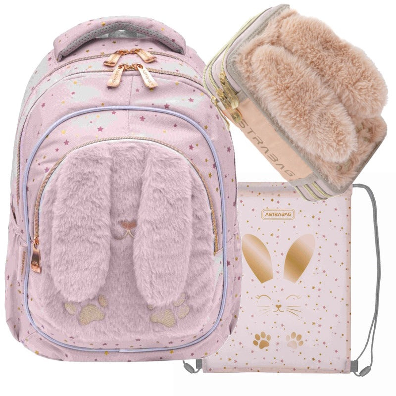 SET School Satchel Backpack Plush Bunny with Fluffy Bunny Ears