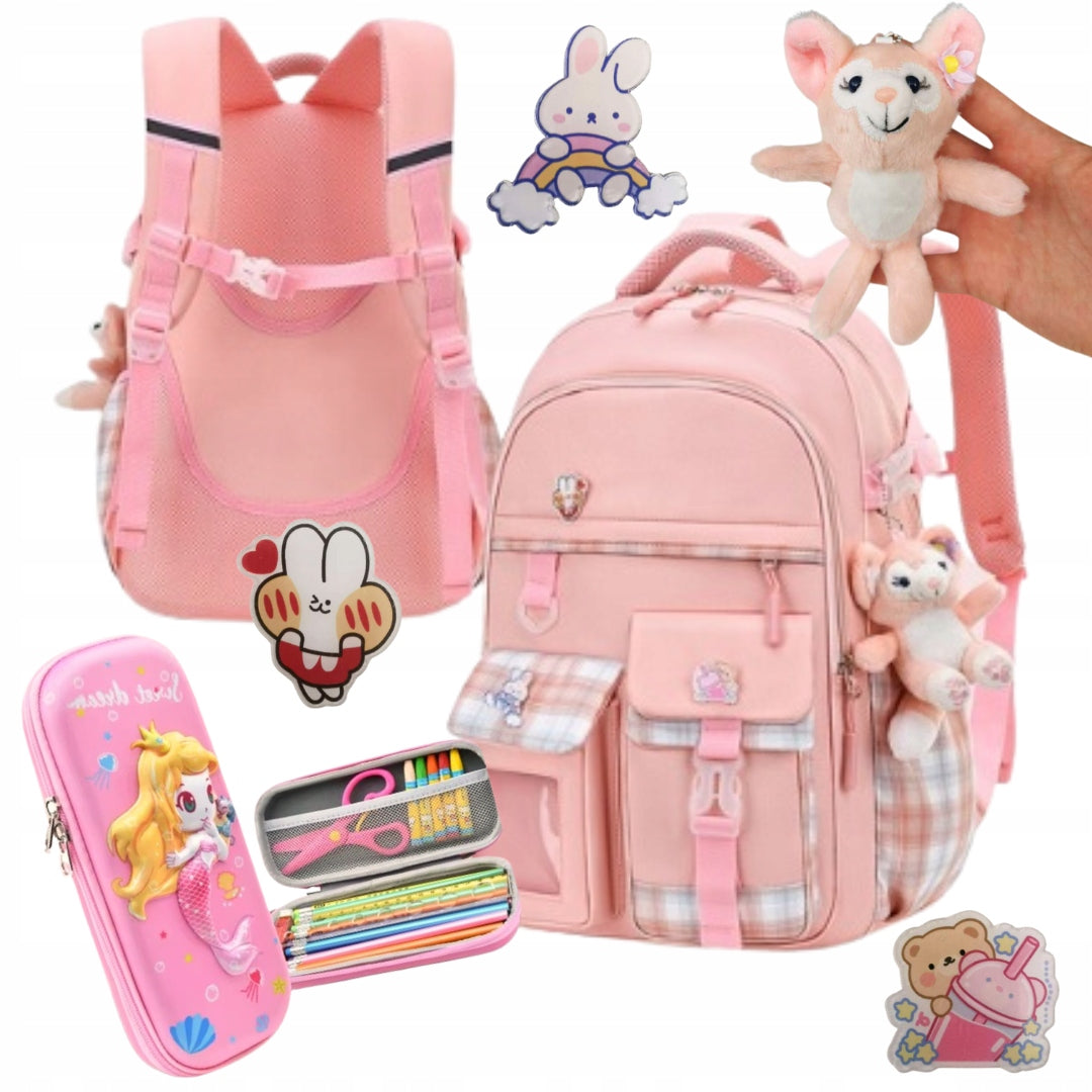 SET School backpack satchel + pencil case pouch School keychain (Z007)