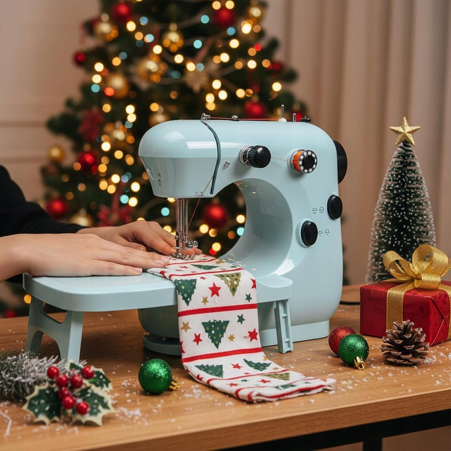 SET! Small, portable two-speed sewing machine, with pull-out table! Model FRJ301