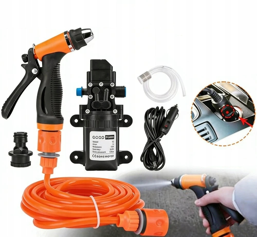 SET WITH ELECTRIC WASHER PUMP 12 V WITH PRESSURE HOSE PVC