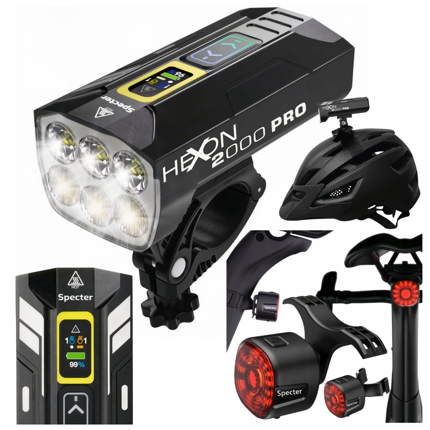 SET of Bicycle Lamps SPECTER HEXON 2000PRO 10000mAh+Back WT09 100H work