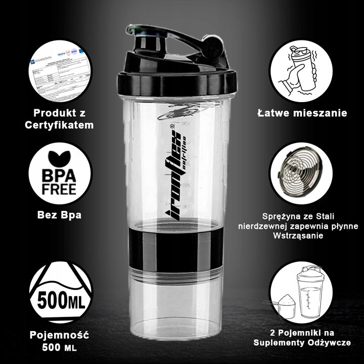 SHAKER 500ml IronFlex sealed SHAKER for nutrients with PROTEIN container Brand IronFlex