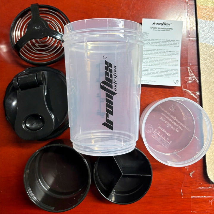 SHAKER 500ml IronFlex sealed SHAKER for nutrients with PROTEIN container Model Spider shaker sportowy bidon na siłownie z sitkiem