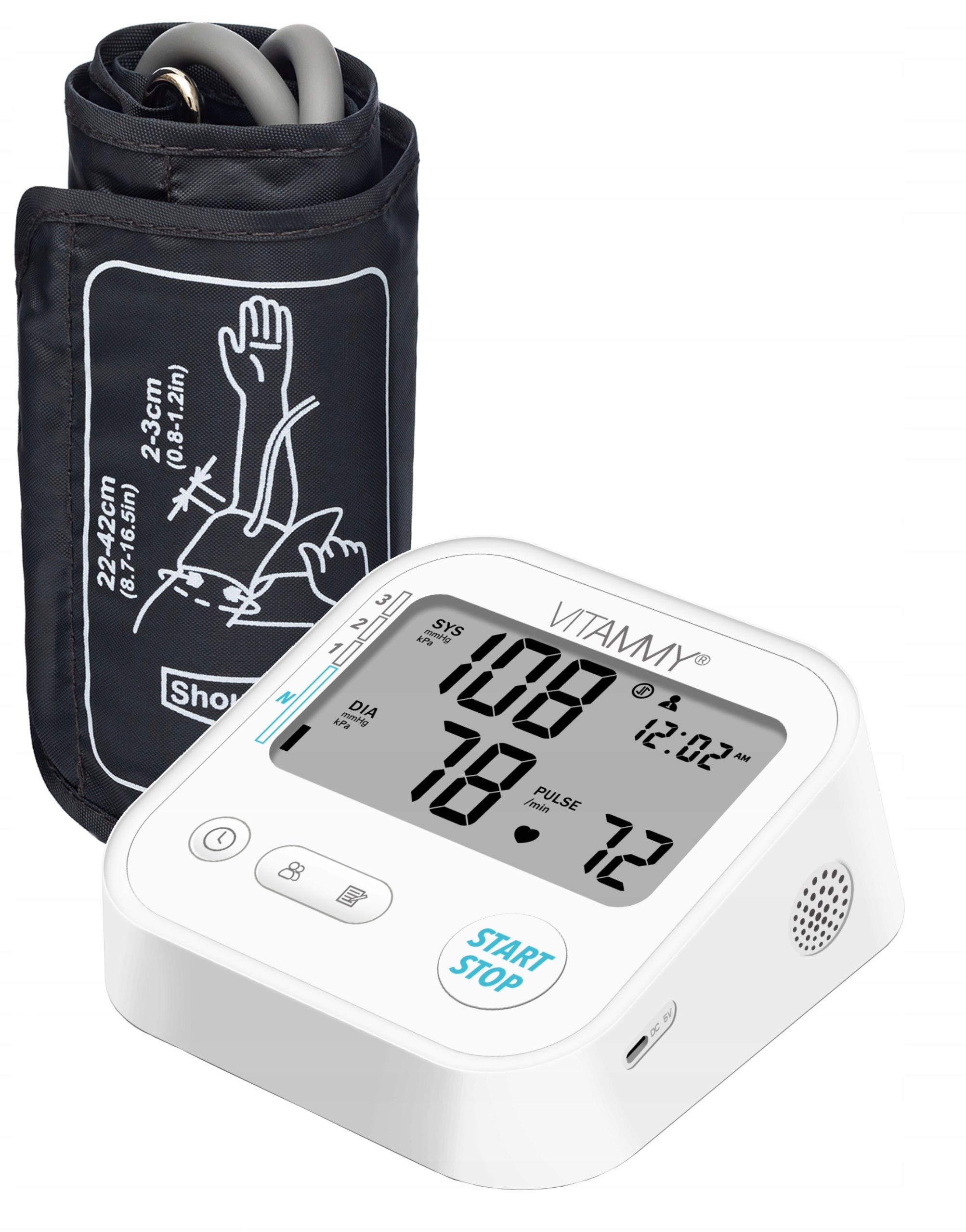 SHOULDER BLOOD PRESSURE MONITOR VITAMMY E1 ARRHYTHMIA CASE POWER SUPPLY SPEAKS in Polish Medical device yes