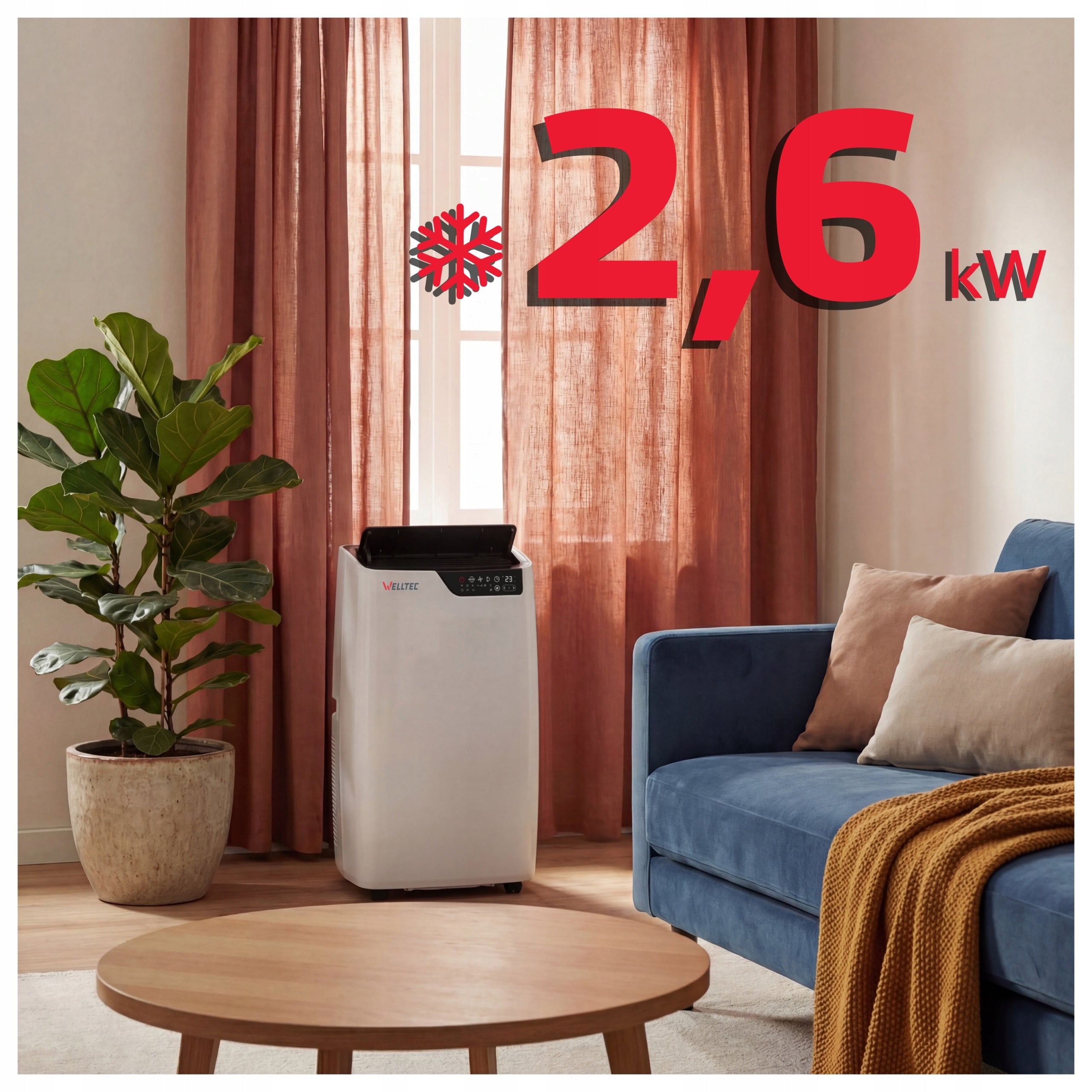 SILENT PORTABLE AIR CONDITIONER WELLTEC ACL09 - 3in1 WiFi 2,6kW 40m² +SEAL Manufacturer code ACL09