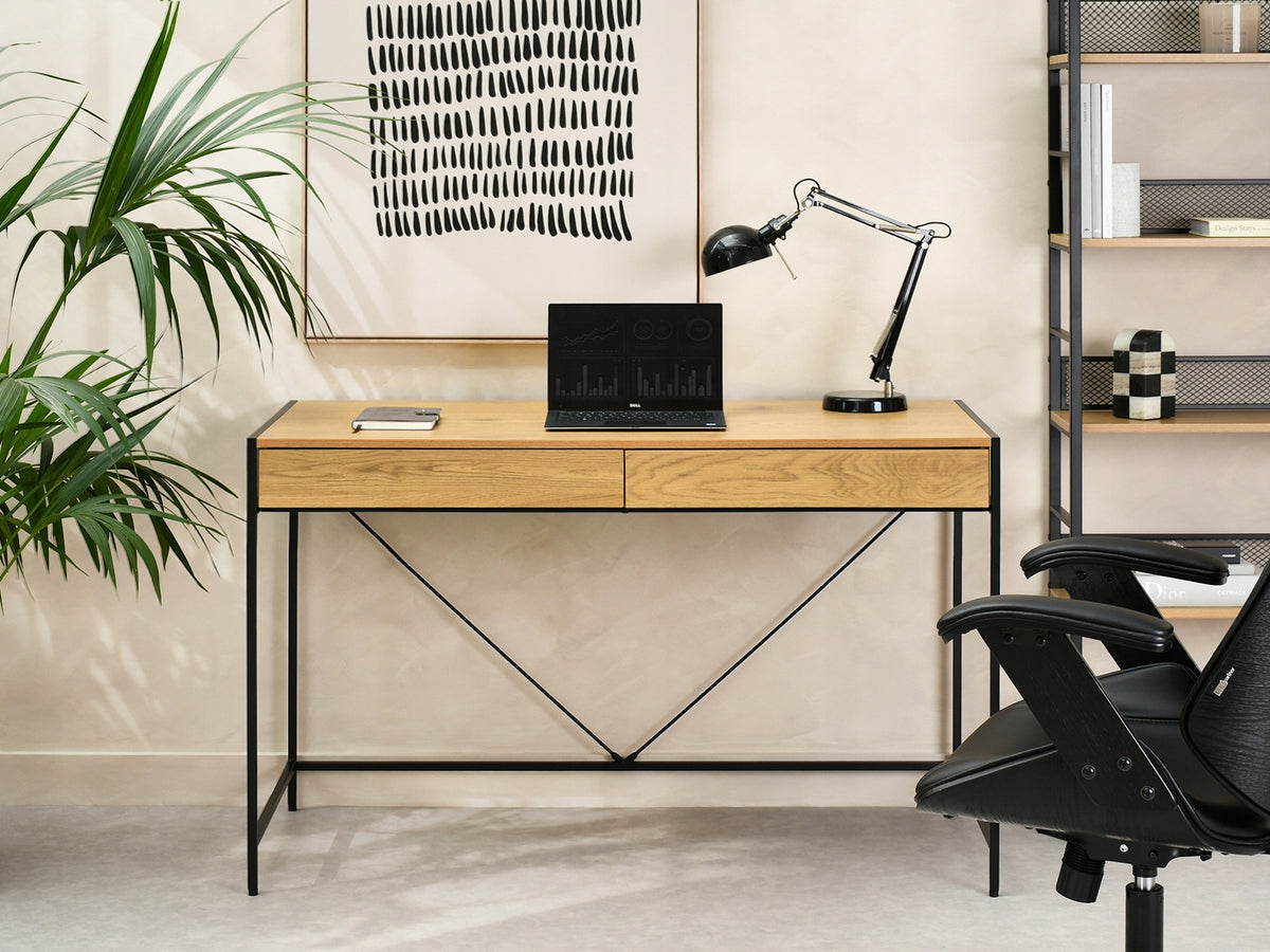 SIMPLE OAK DESK 123CM WITH DRAWERS VANITY UNIF ON BLACK BASE Brand Mebel-Partner
