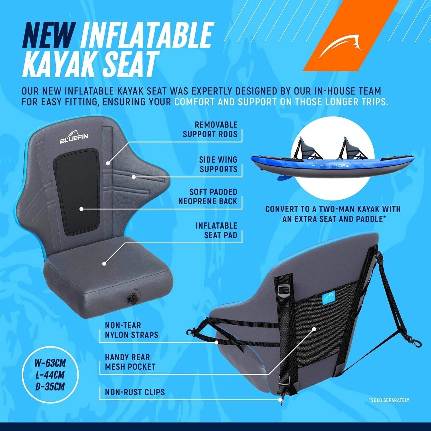 SINGLE INFLATABLE KAYAK BLUEFIN LIFTING CAPACITY 150 KG 333x90x34 CM Number of seats 1