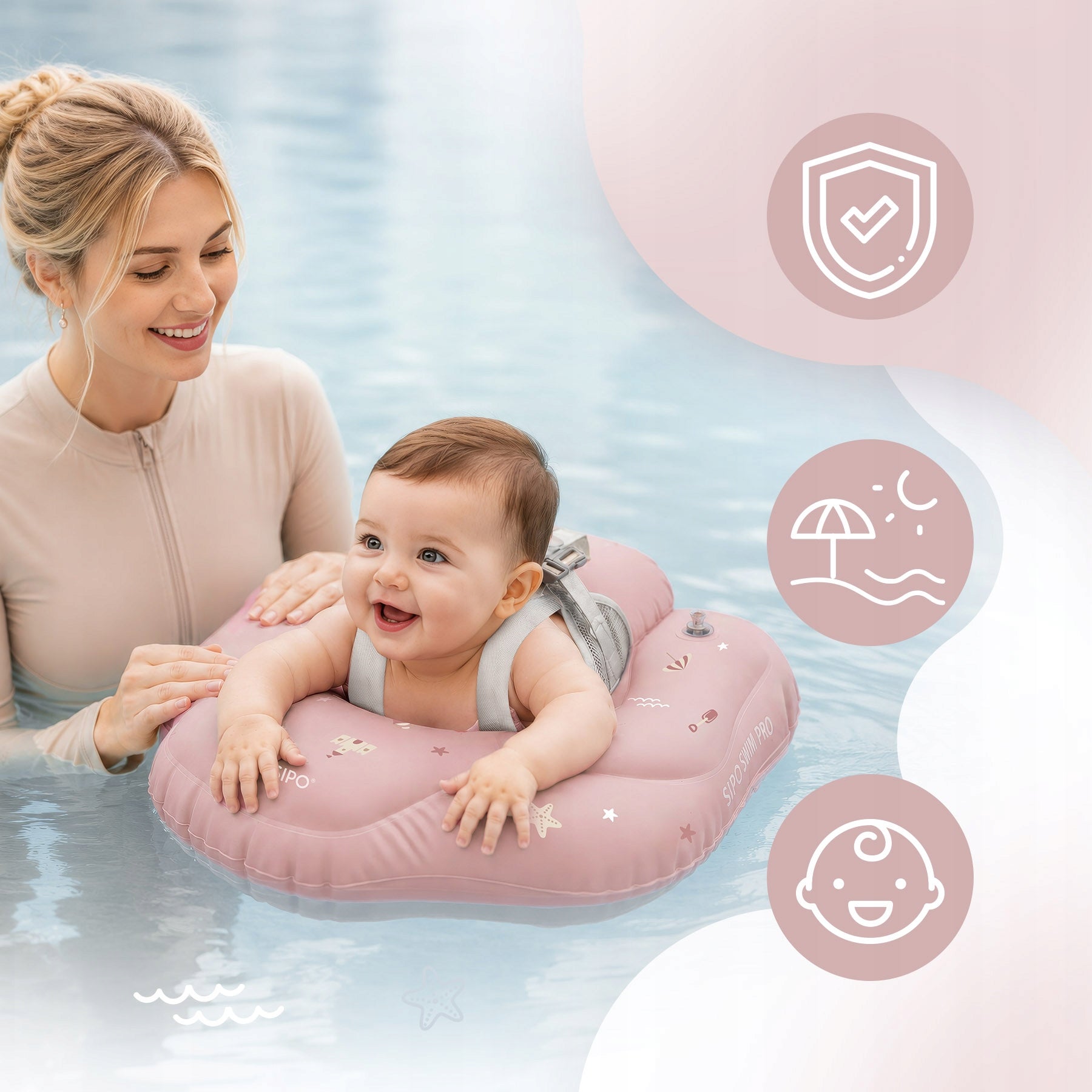 SIPO SWIM PRO INFLATABLE SWIMMING WHEEL FOR BABIES WITH ROSE BRACES Model SWM101TR