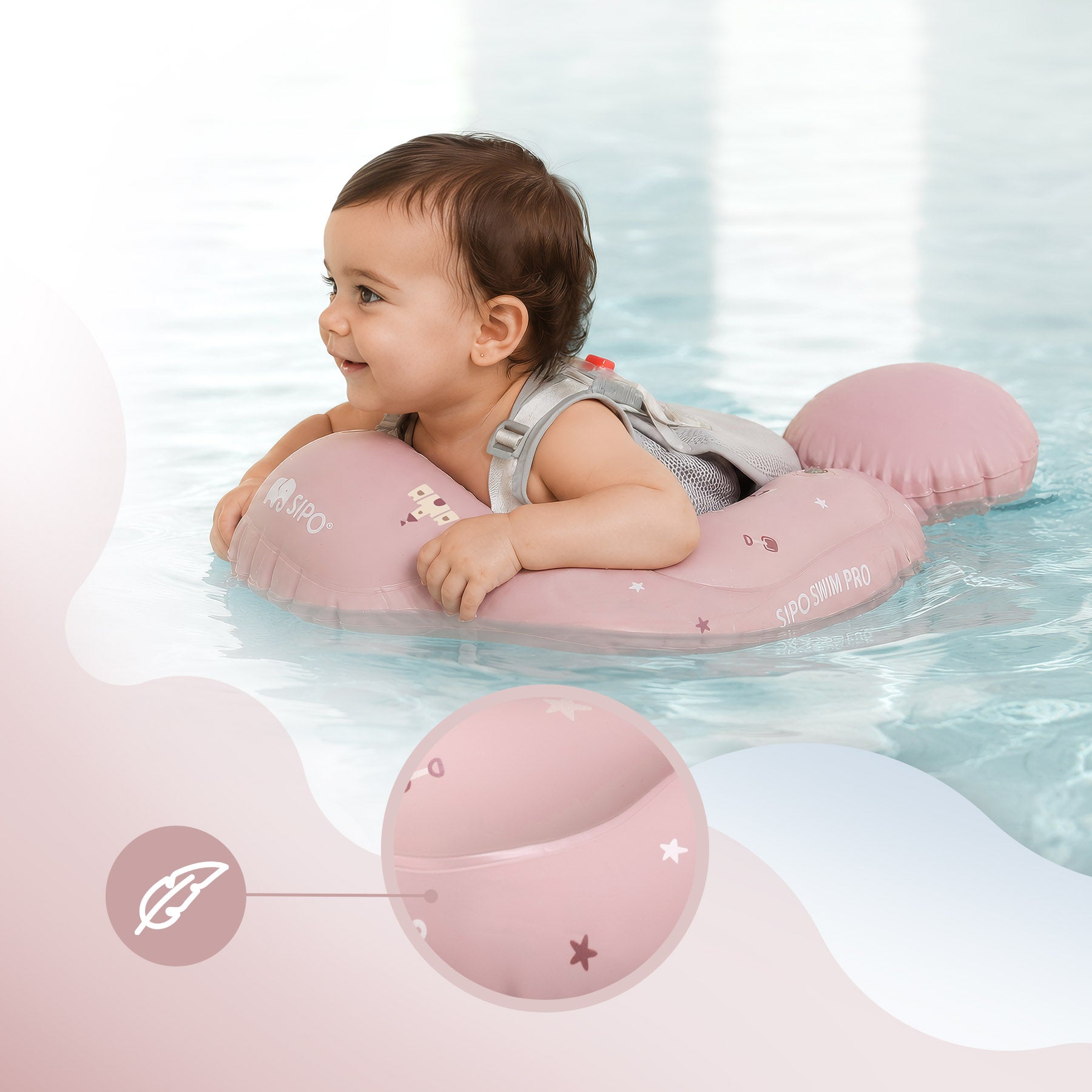 SIPO SWIM PRO INFLATABLE SWIMMING WHEEL FOR BABIES WITH ROSE BRACES Product width 48 cm