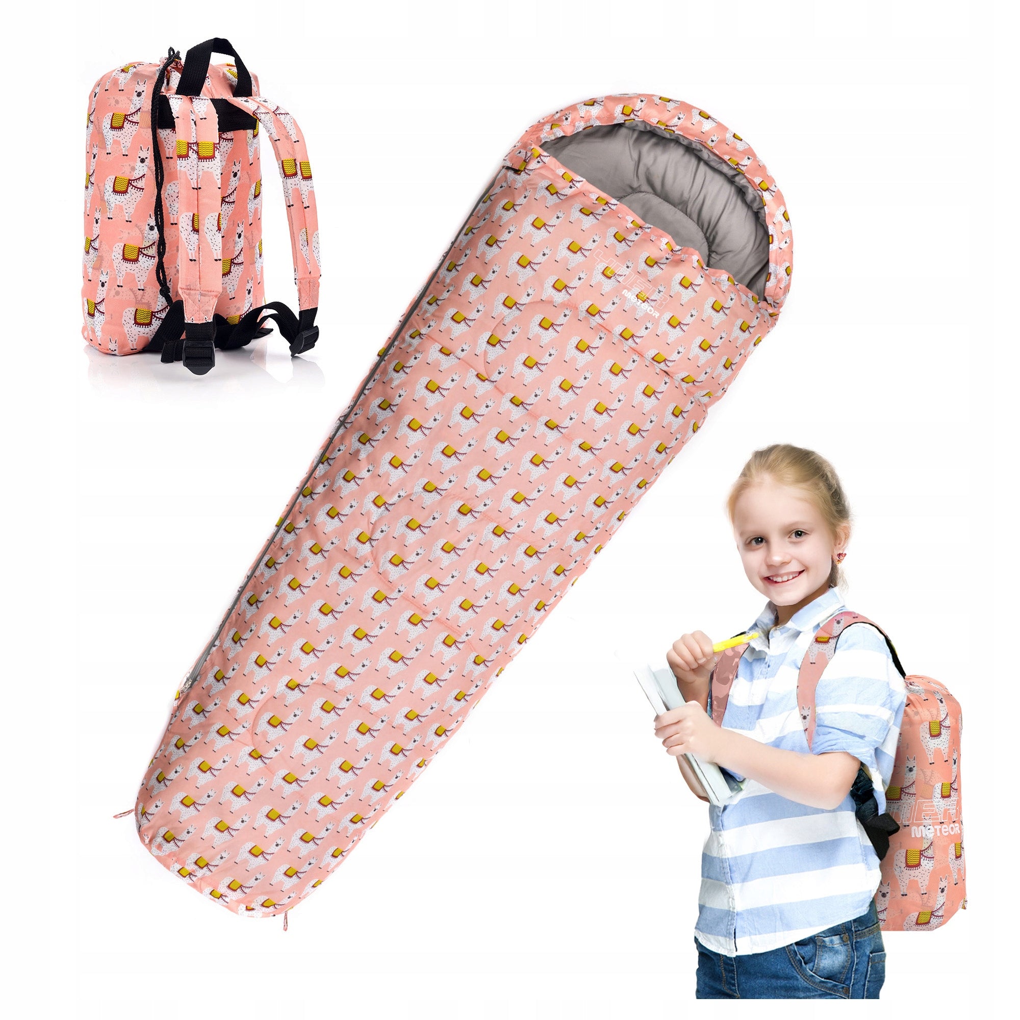 SLEEPING BAG FOR CHILDREN WITH BACKPACK METEOR mummy YMER LAMA (130+30)x60/40cm