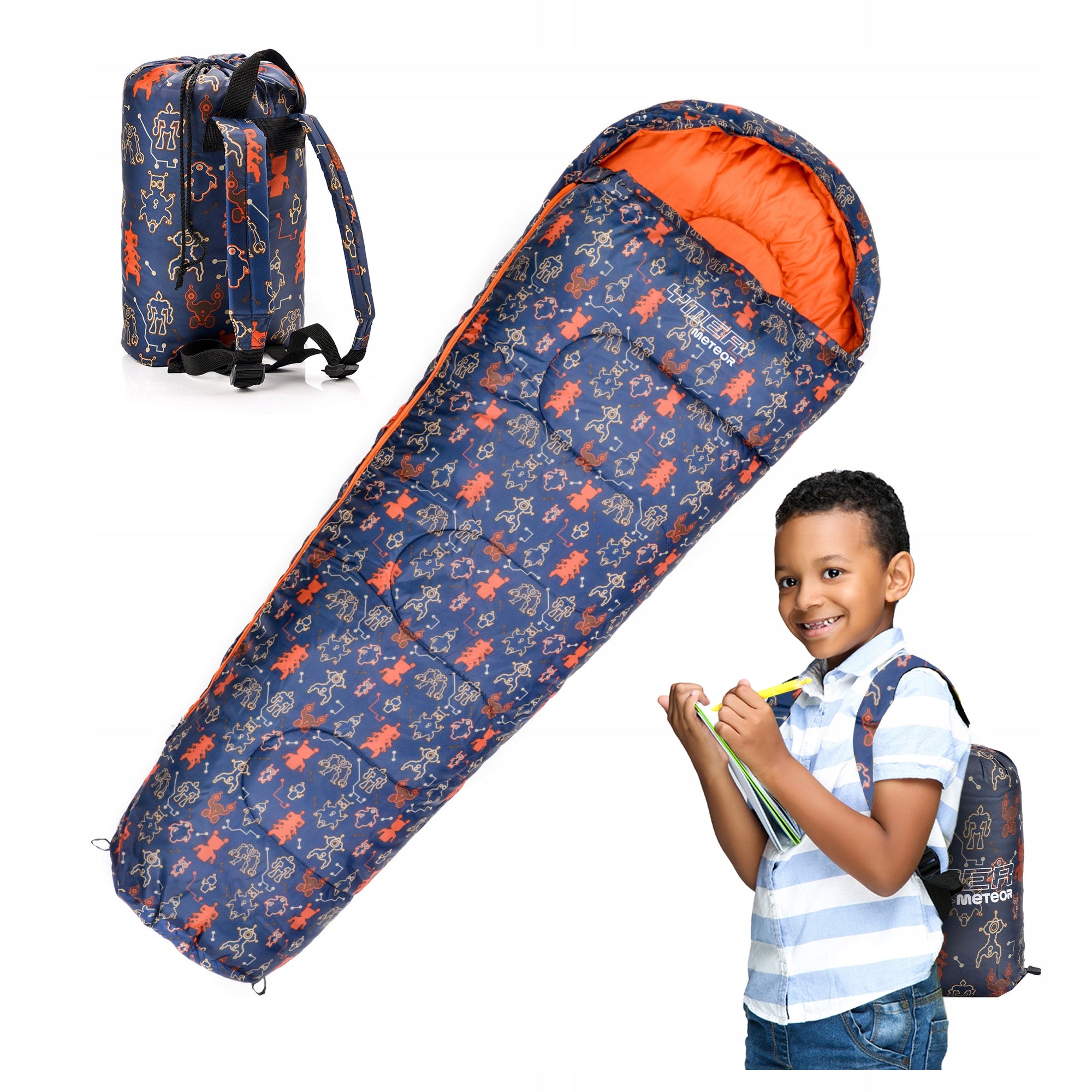 SLEEPING BAG FOR CHILDREN WITH BACKPACK METEOR mummy YMER ROBOT (130+30)x60/40cm