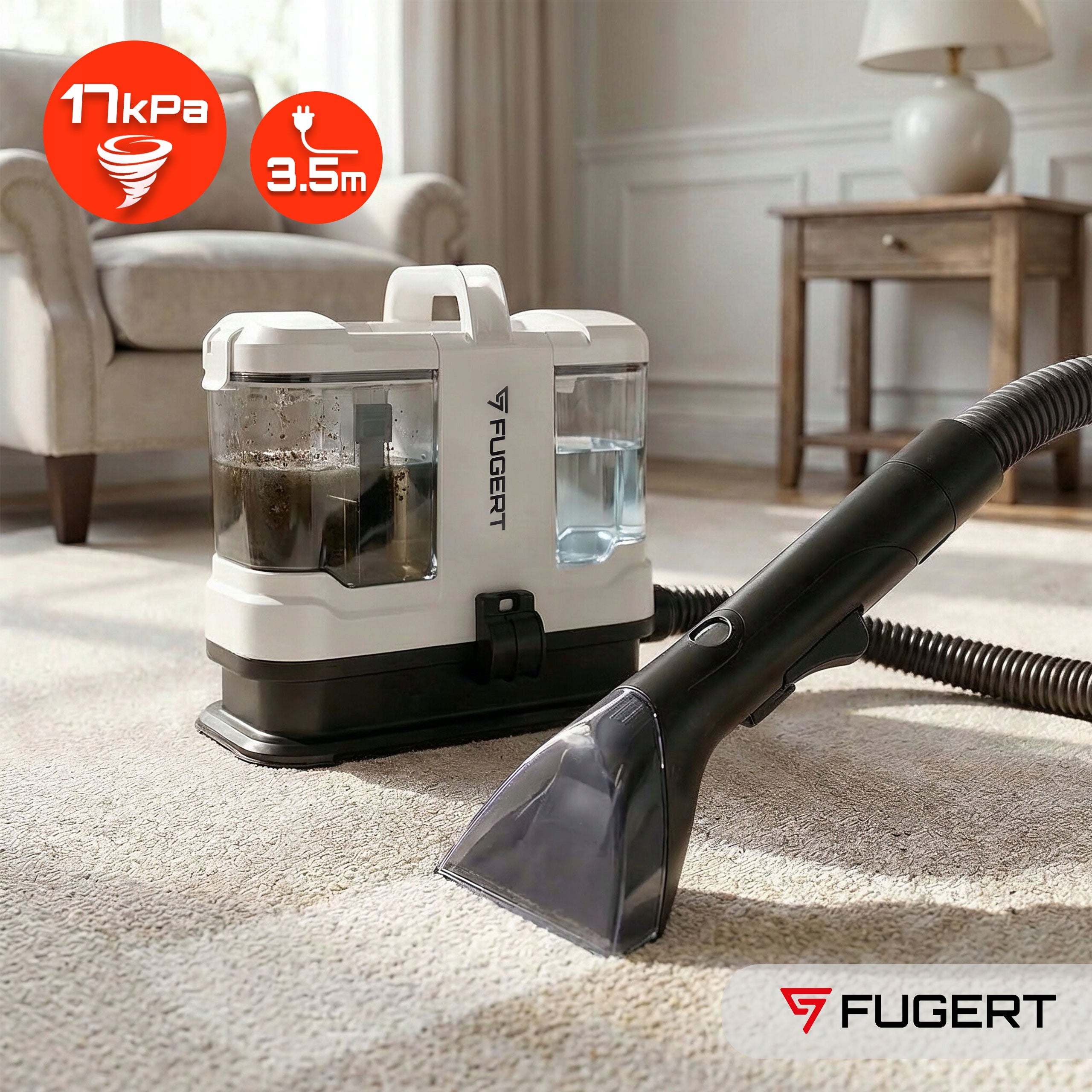 SMALL WASHING VACUUM CLEANER FOR UPHOLSTERY AND CARPETS PORTABLE FUGERT FUG-0249 Dominant color white