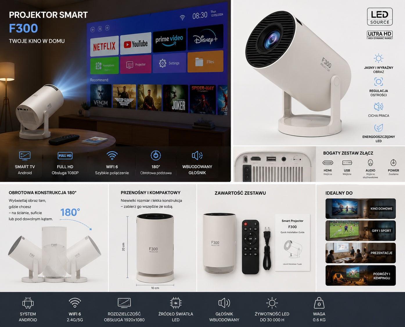 SMART F300 WiFi Android LED Full HD HDMI USB PROJECTOR 180° Rotation