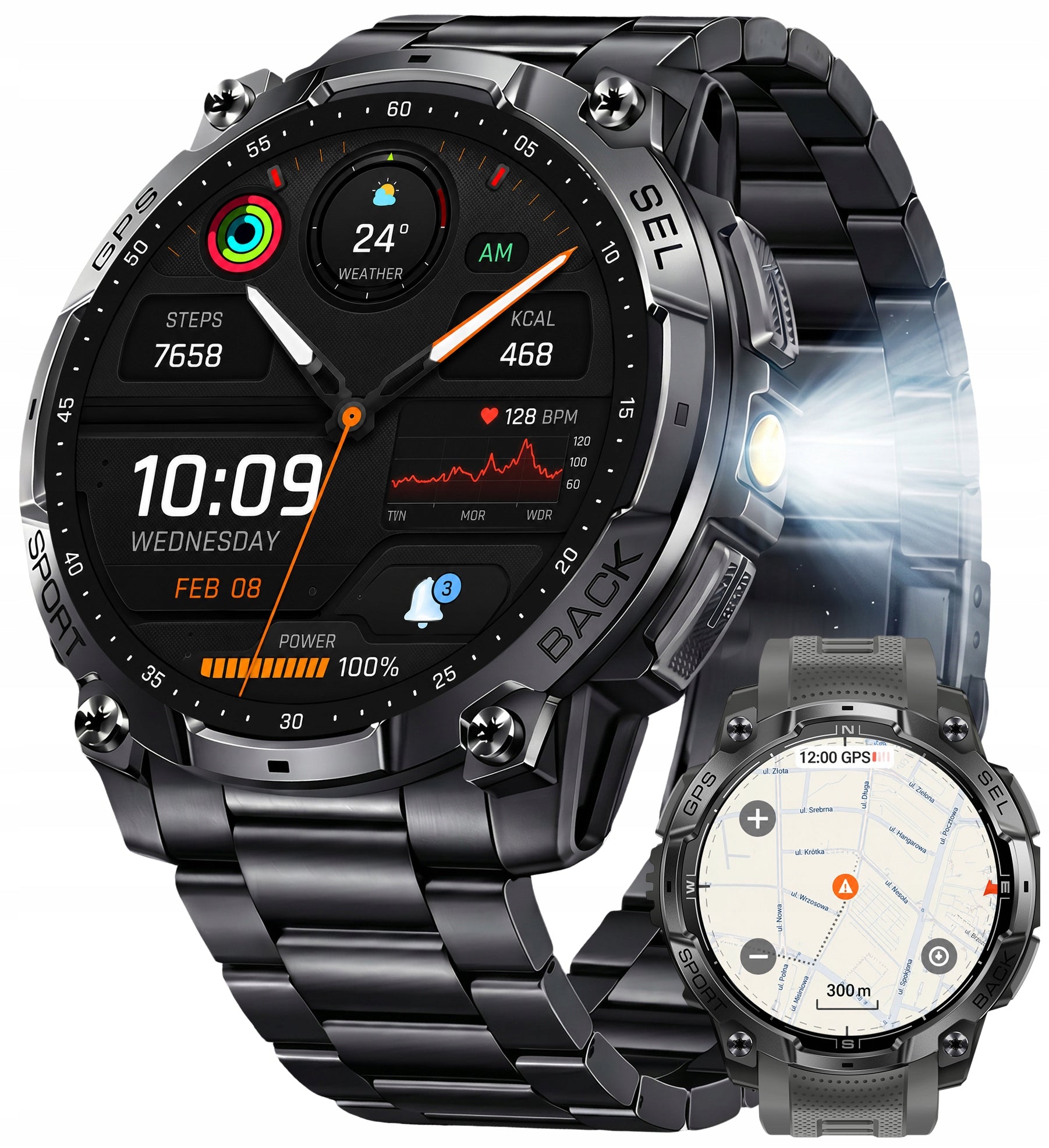 SMARTWATCH GPS WATCH BLOOD PRESSURE MONITOR COMPASS BAROMETER FLASHLIGHT AMOLED