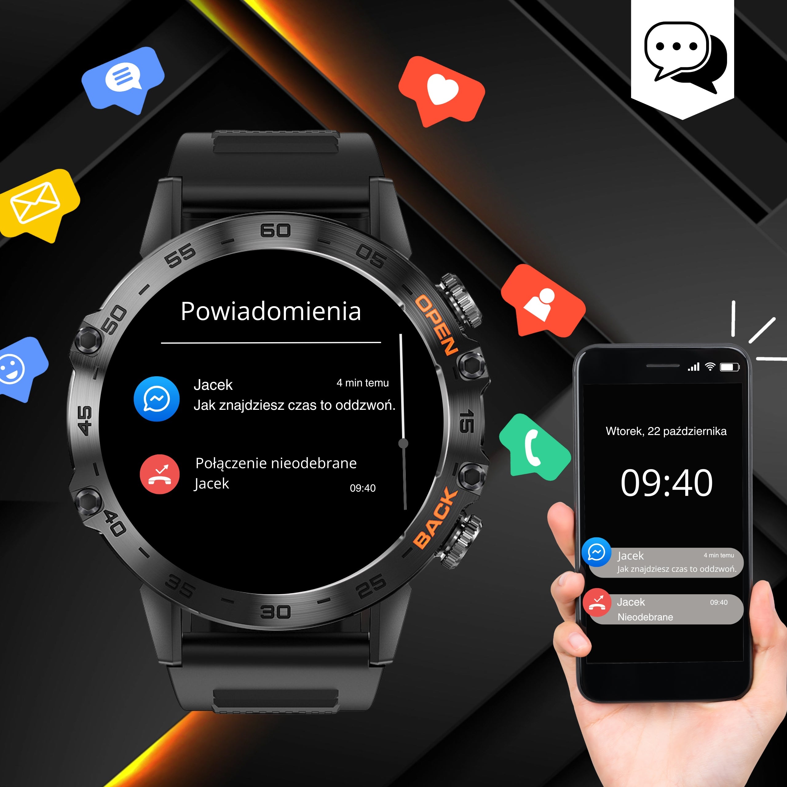 SMARTWATCH MEN'S WATCH POLISH CONVERSATION MENU WATERPROOF + FREEBIE Color black