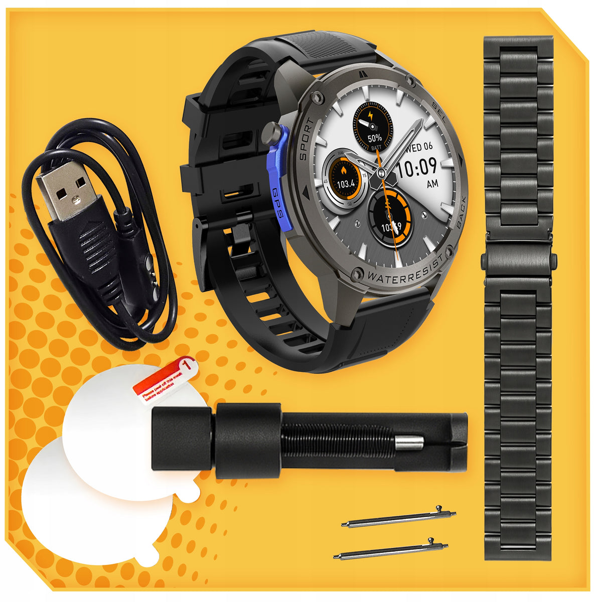 SMARTWATCH MEN'S WATERPROOF PL SPORT GPS STEEL BRACELET FOIL Manufacturer code POWIADOMIENIA GPS 4GB RAM 500mAh IP69K AMOLED