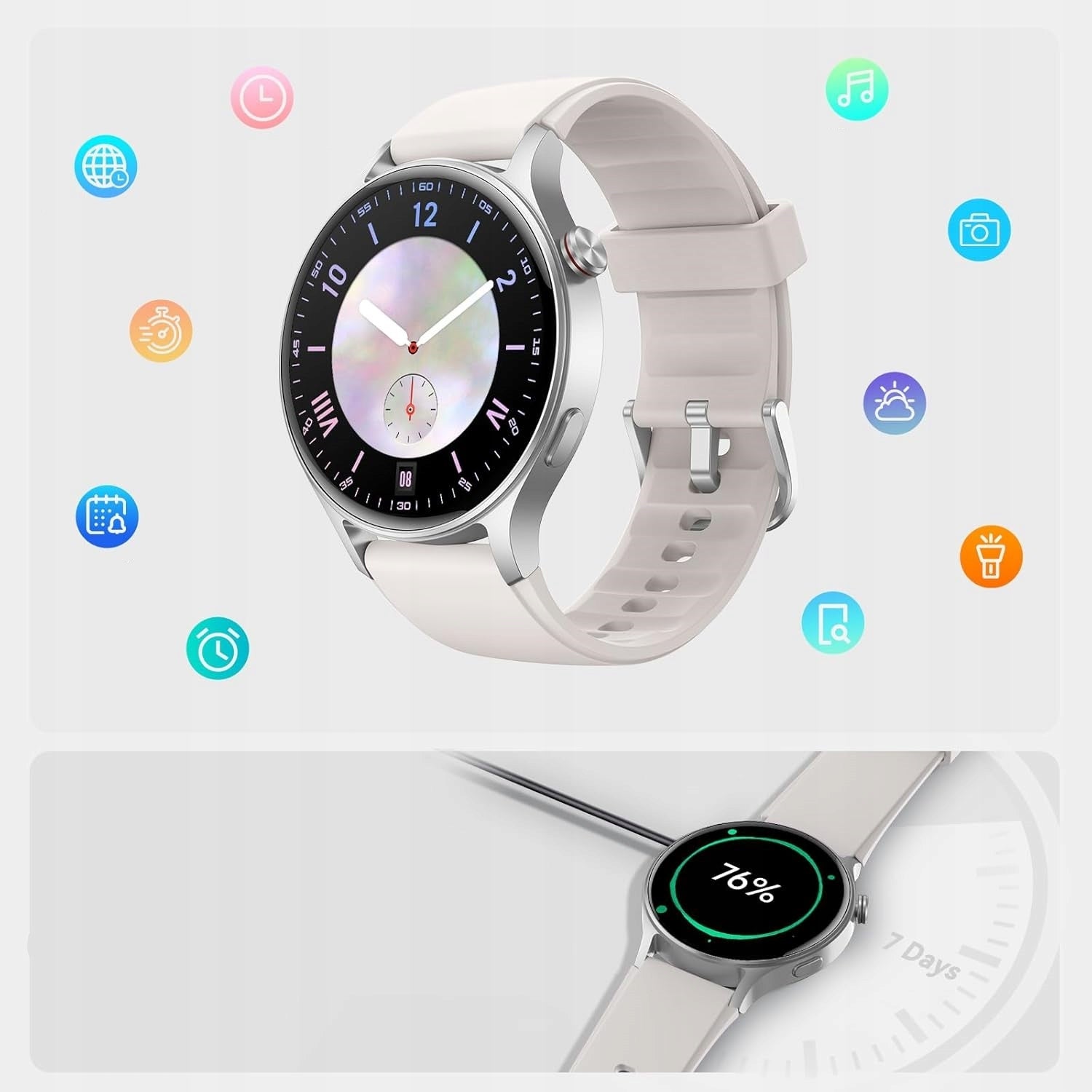 SMARTWATCH SILVER AMOLED 1,32" CONNECTION FUNCTION GPS RUBBER STRAP BEIGE Kind smartwatch