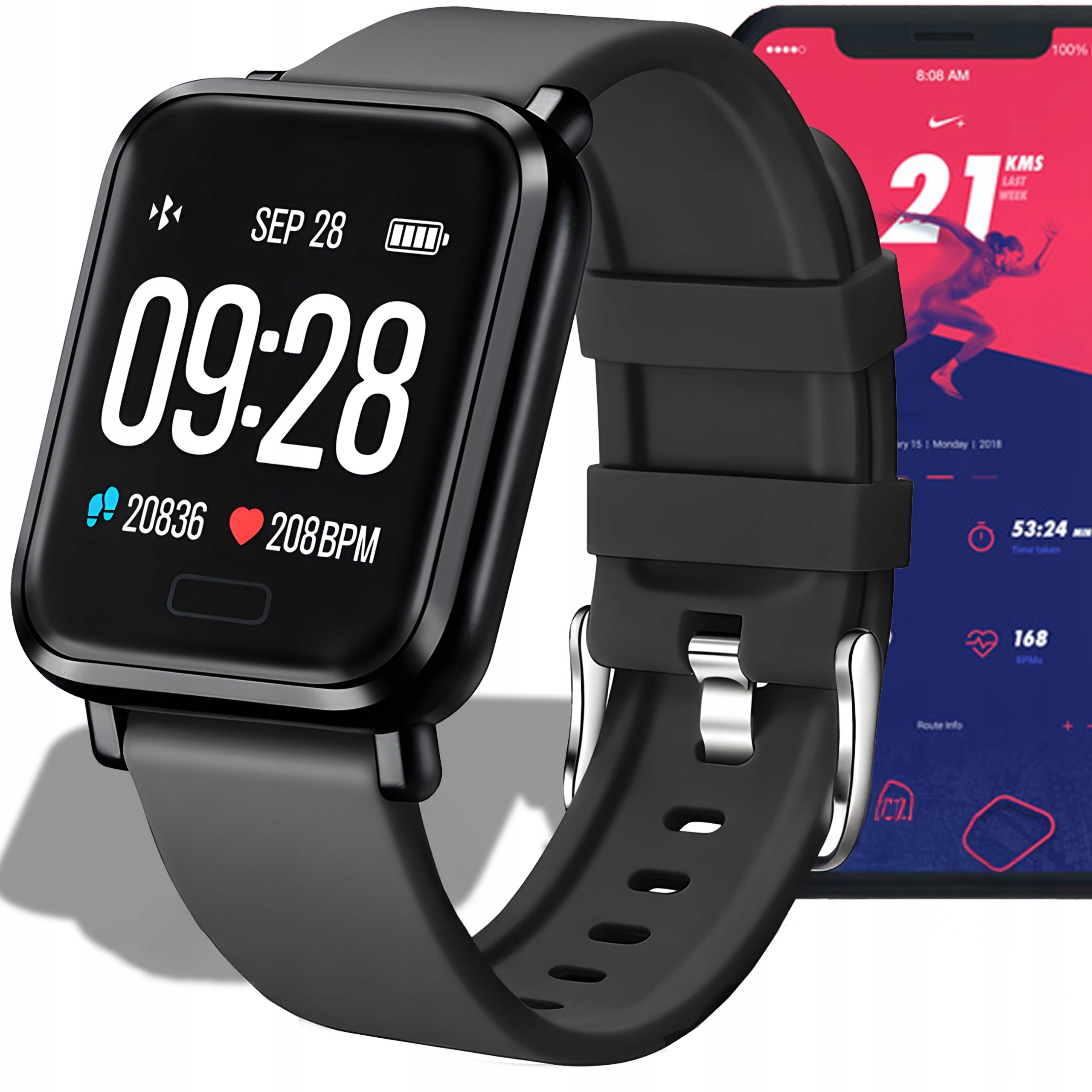 SMARTWATCH WATCH BLACK WATERPROOF SPORT PULSE PRESSURE NOTIFICATION