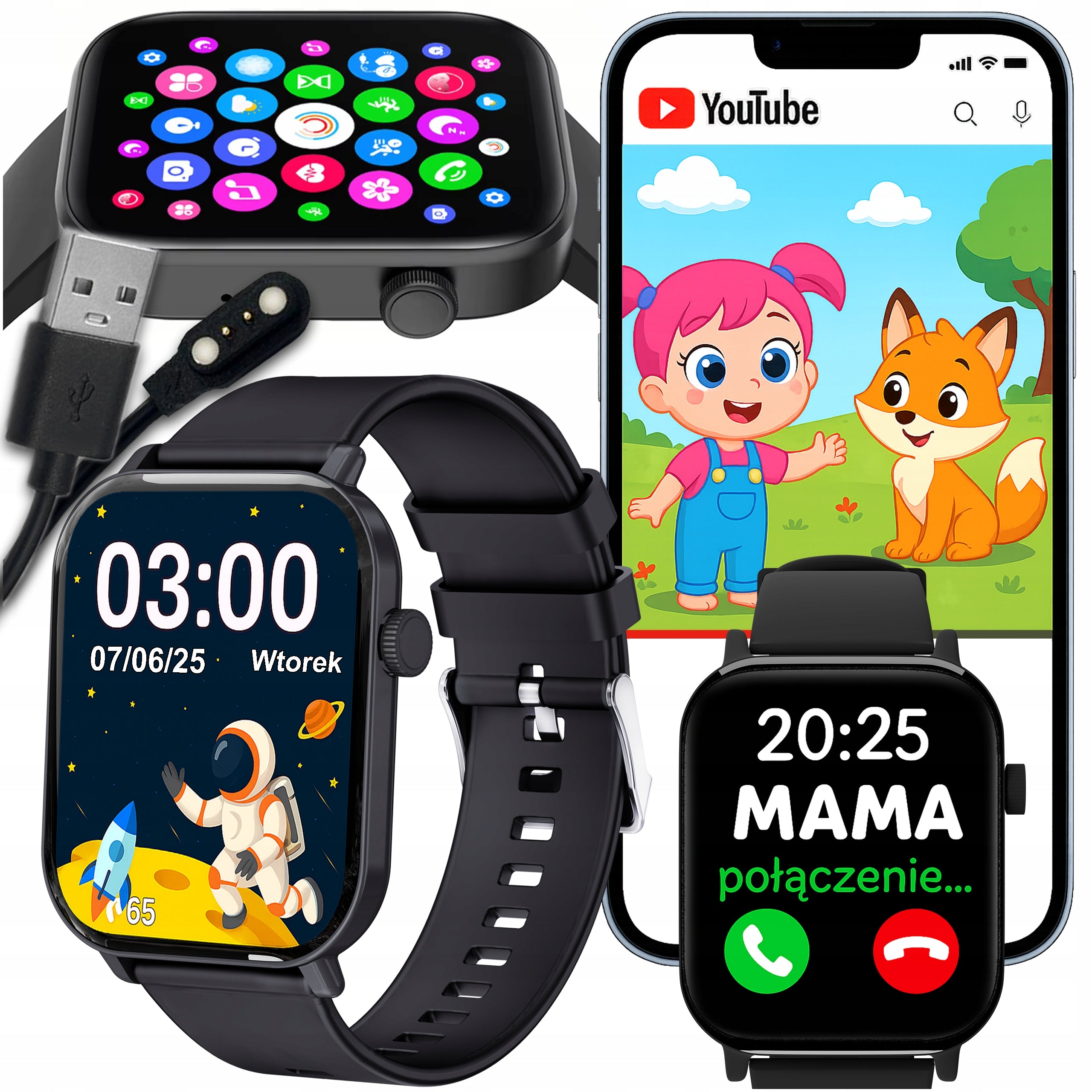 SMARTWATCH WATCH FOR CHILDREN CHILD PHONE SMS BLUETOOTH IP68 BLACK