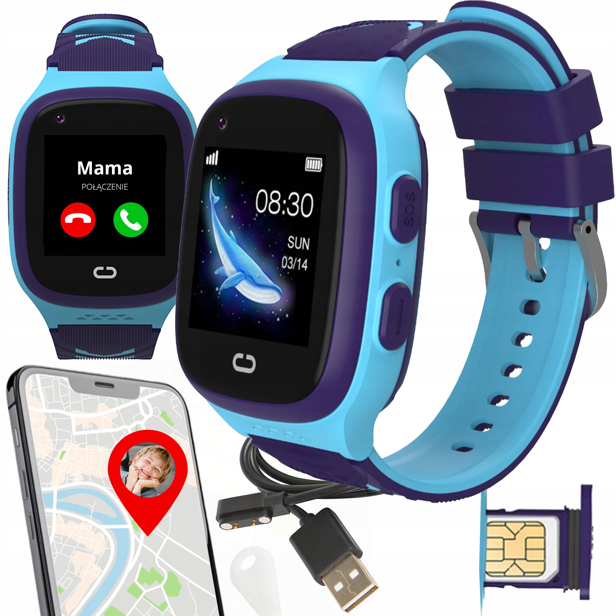 SMARTWATCH WATCH FOR CHILDREN SIM PHONE VIDEO CALL GPS SMS BLUE