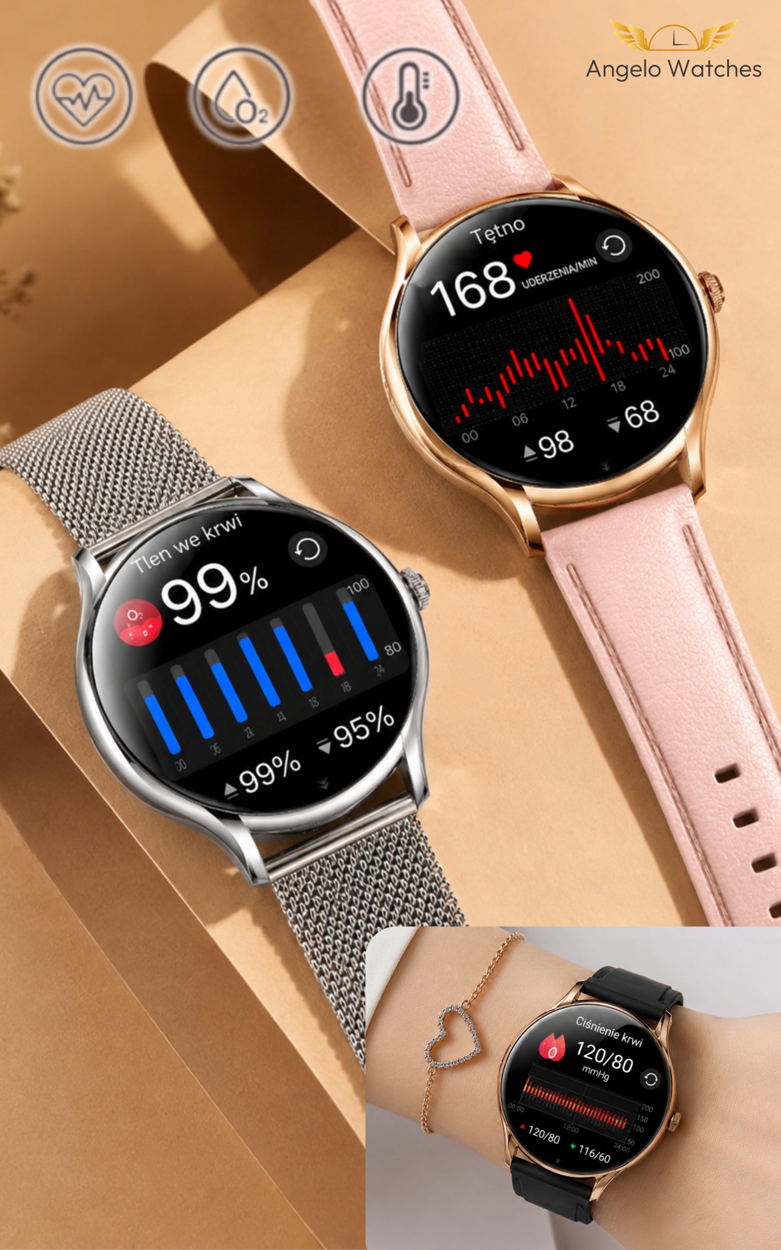 SMARTWATCH WOMEN'S GOLD AMOLED CONVERSATION NOTIFICATIONS BT HEART RATE SLEEP MENU PL Brand Angelo Watches