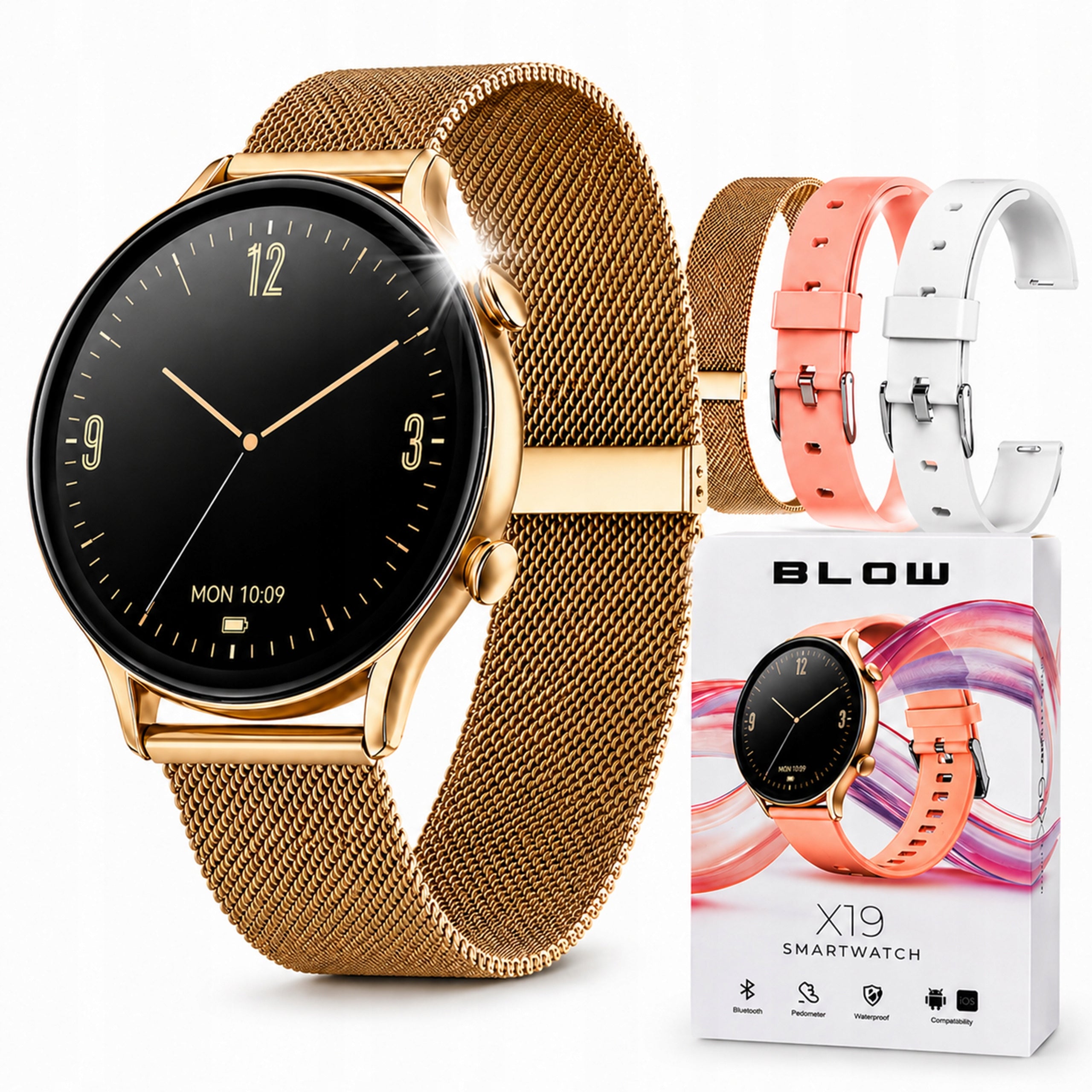 SMARTWATCH WOMEN'S WATCH MENU PL MEASUREMENTS SPORT TALK NOTIFICATIONS GOLD