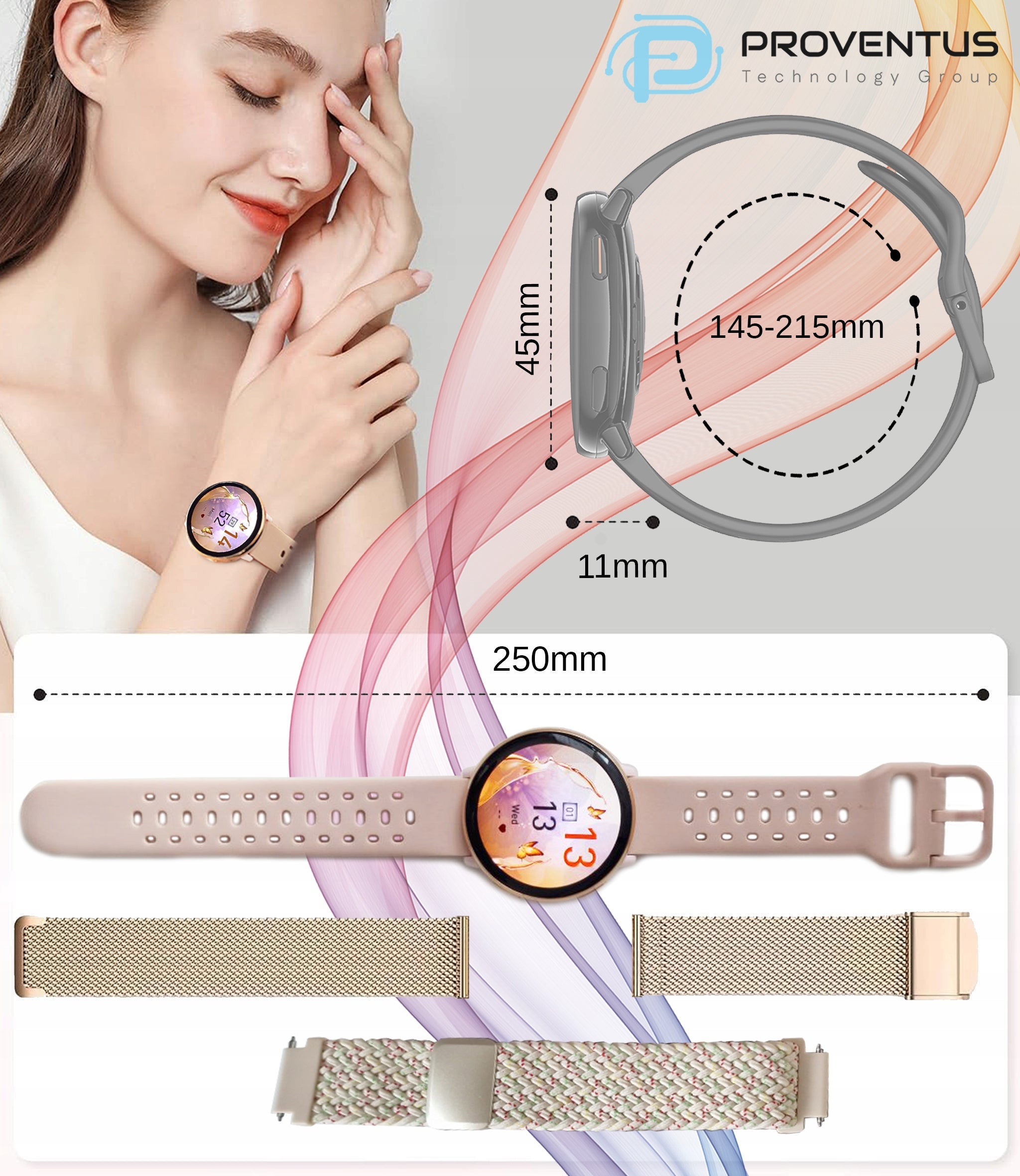 SMARTWATCH WOMEN'S WATERPROOF WATCH MENU PL GPS AMOLED PULSE SPORT HEART RATE Manufacturer code Proventus Smart Zegarek PTG21D 3 paski
