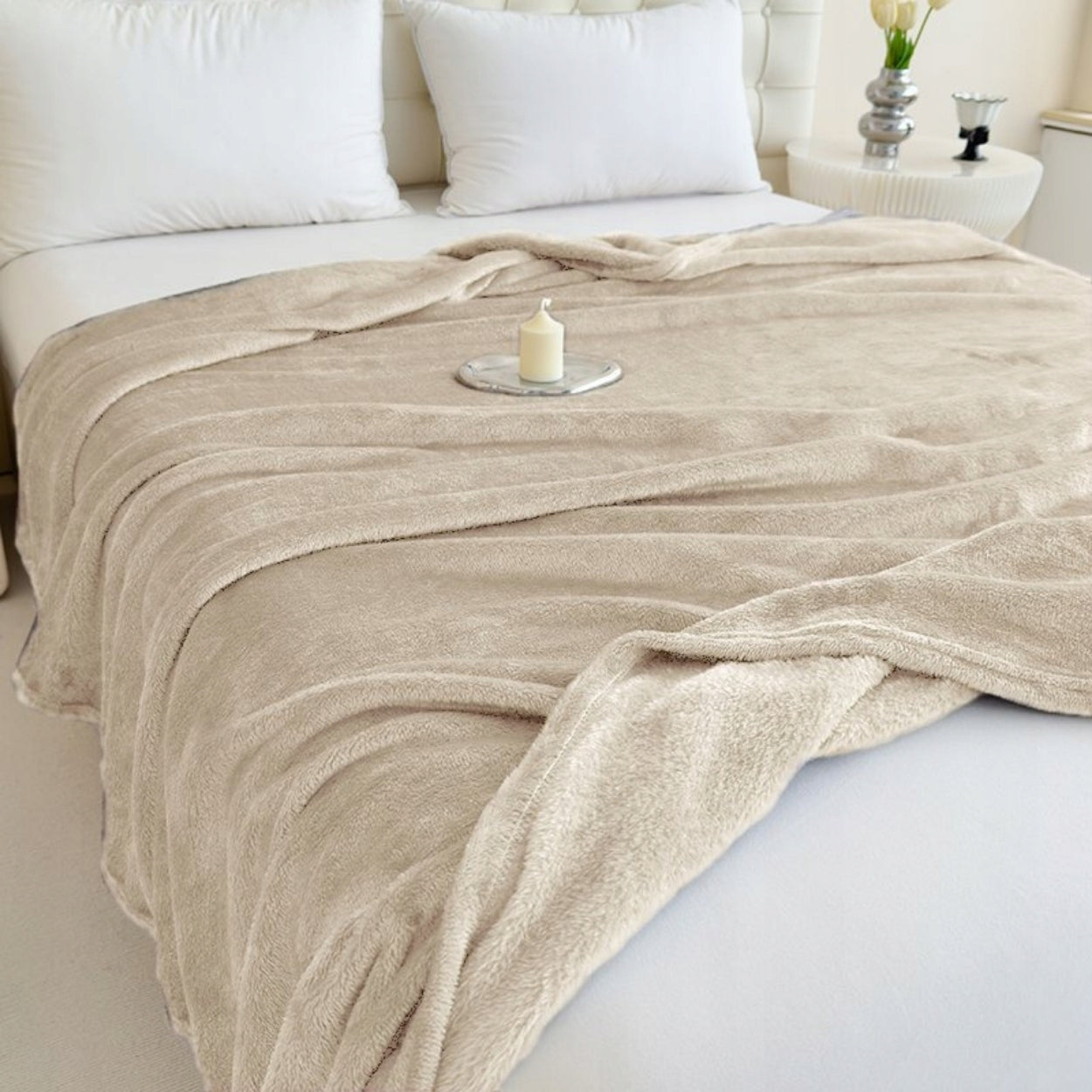 SMOOTH WARM BLANKET 160x200 cm BEIGE SOFT BLANKET BEDSPREAD COUCH Packaging status original