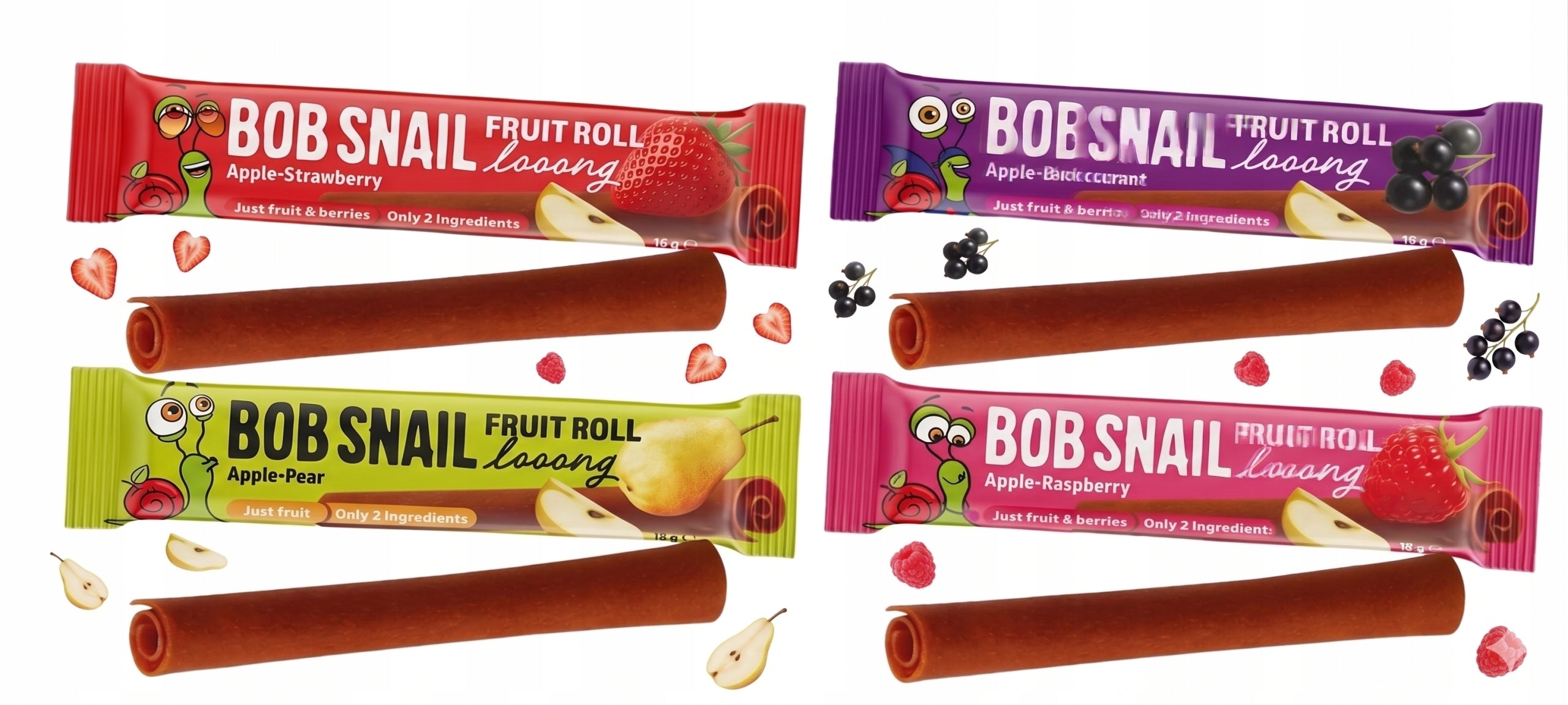 SNAIL Bob Snail Fruit Roll Looong MIX 4 FLAVORS 4 x 15g (2,50/pcs)