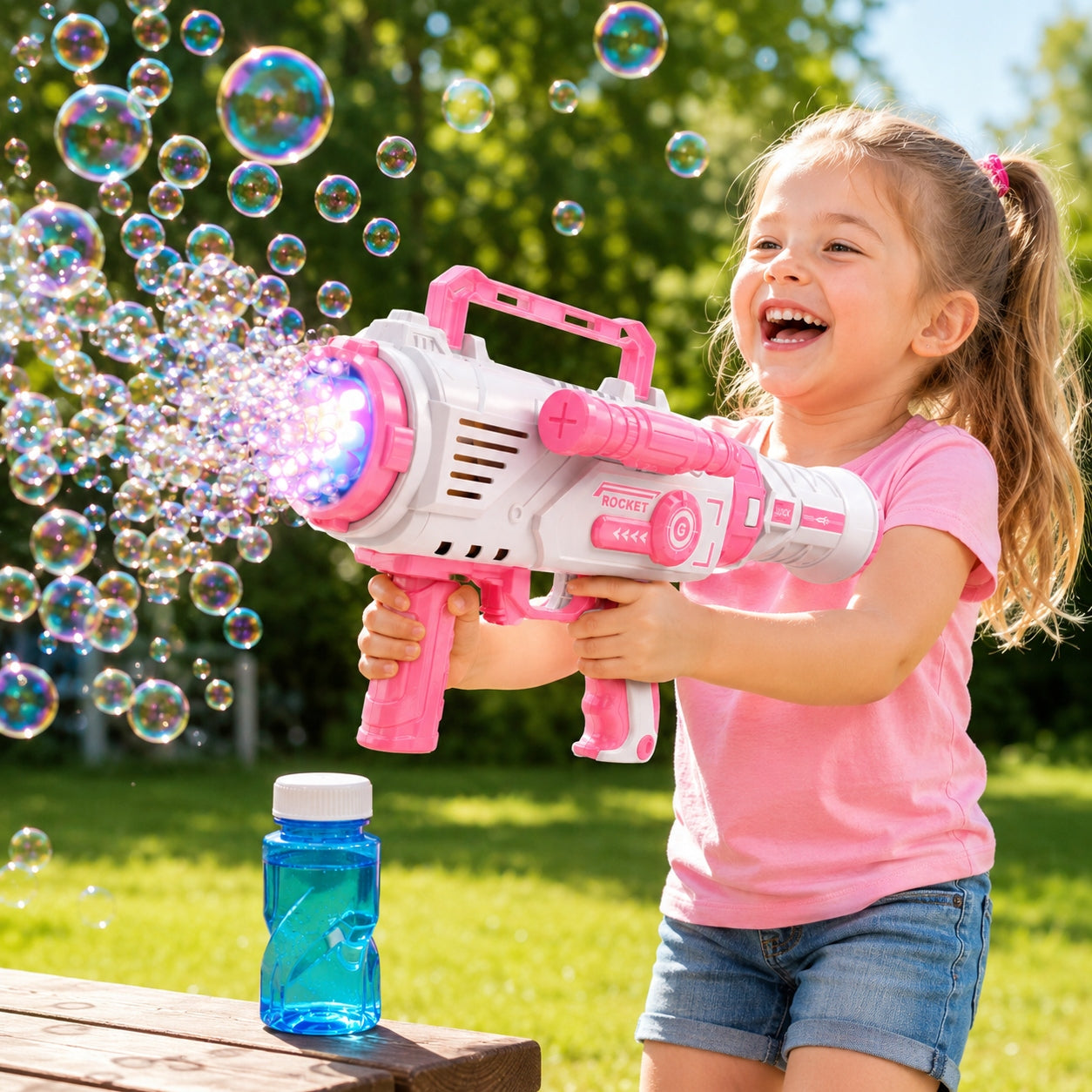SOAP BUBBLE GUN AUTOMATIC BAZOKA SOAP BUBBLE MACHINE + LIQUID Brand ProNice