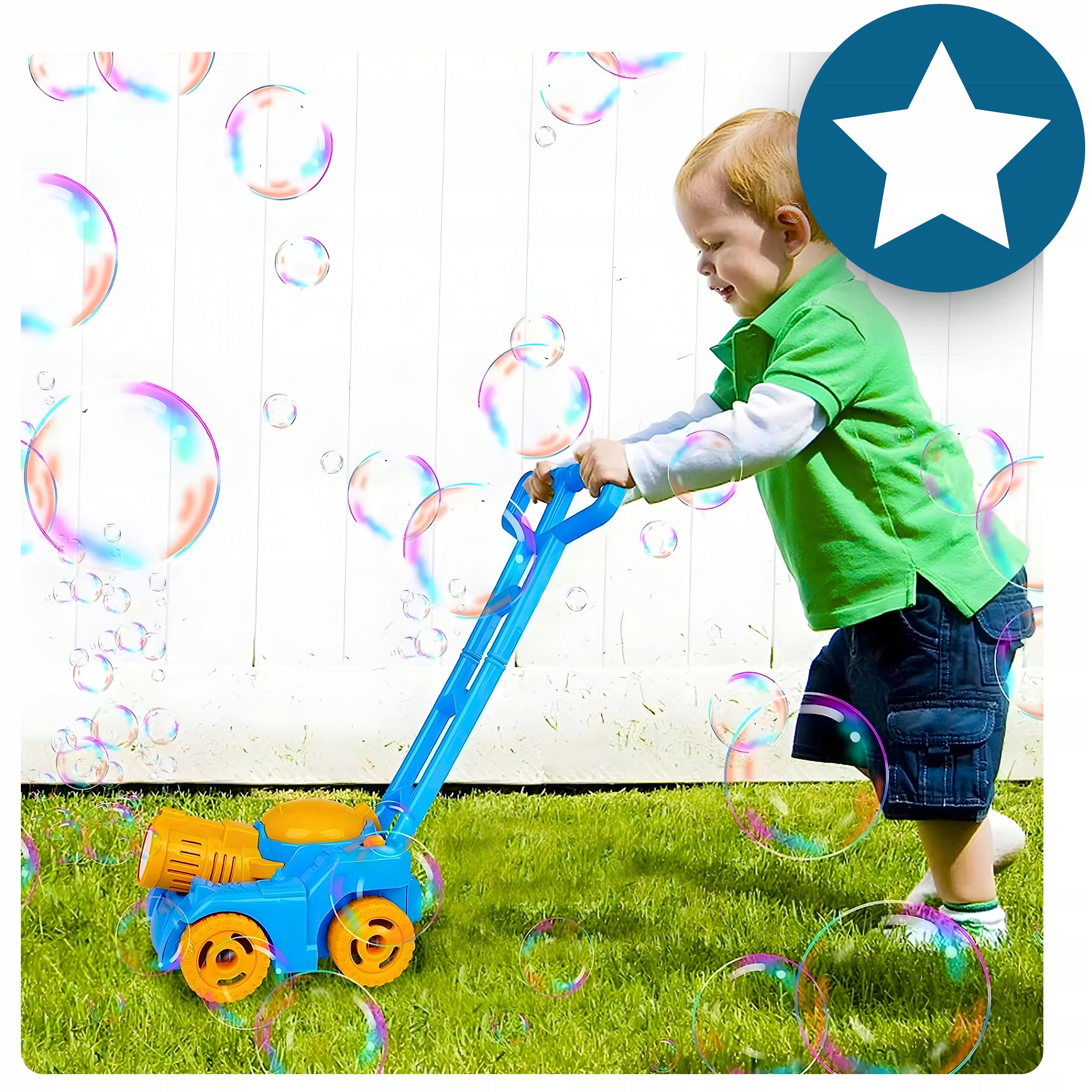 SOAP BUBBLES GARDEN TOY FOR CHILDREN – LED BUBBLE MOWER + LIQUID Packaging status original