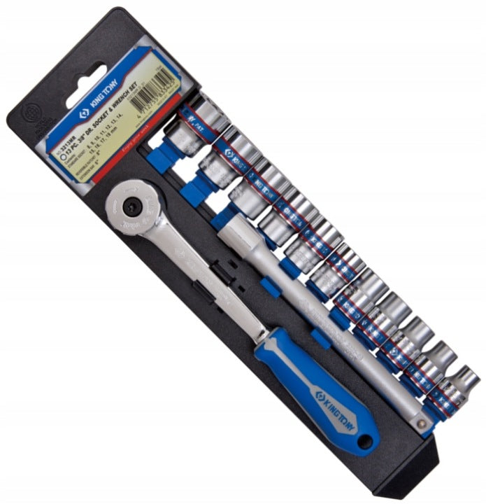 SOCKET SET 3/8" 8-19MM 13EL + RATCHET AND EXTENSION 3213MR KING TONY