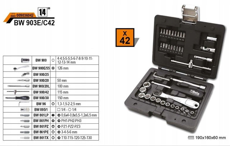 SOCKET TOOL SET 1/4'' 42pcs BETA WORKER BW903E/C42(S) Manufacturer code BW903E/C42