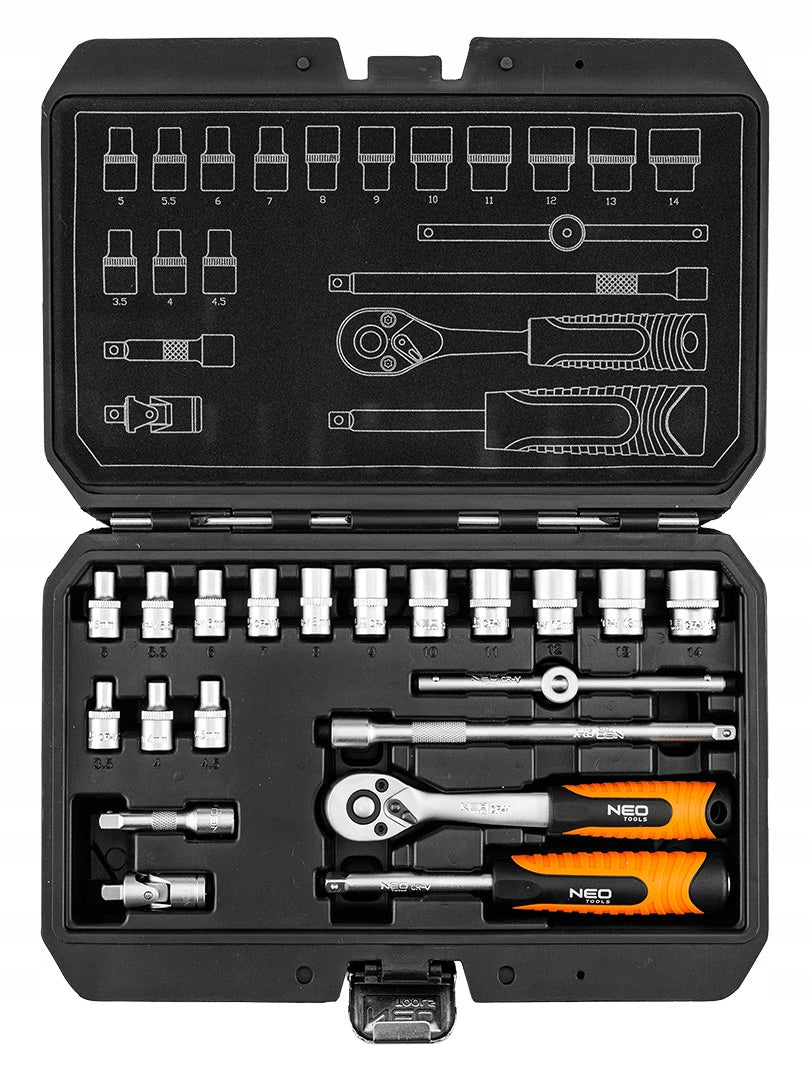 SOCKET WRENCH SET 1/4" 20 PCS SATIN RATCHET 10-230 NEO TOOLS