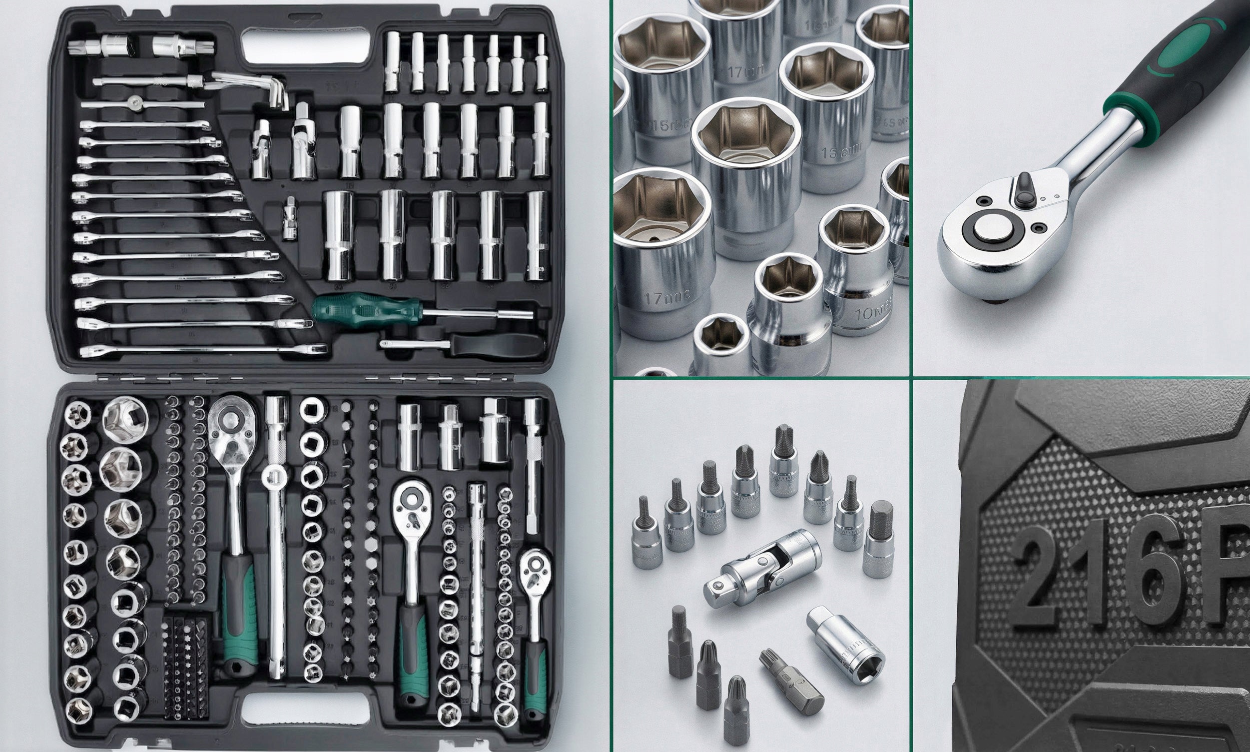 SOCKET WRENCH SET 216 EL 1/2 3/8 1/4 RATCHET CR-V FLAT EYELET Manufacturer code KLUCZE NASADOWE 3x GRZECHOTKI 216 EL WALIZKA