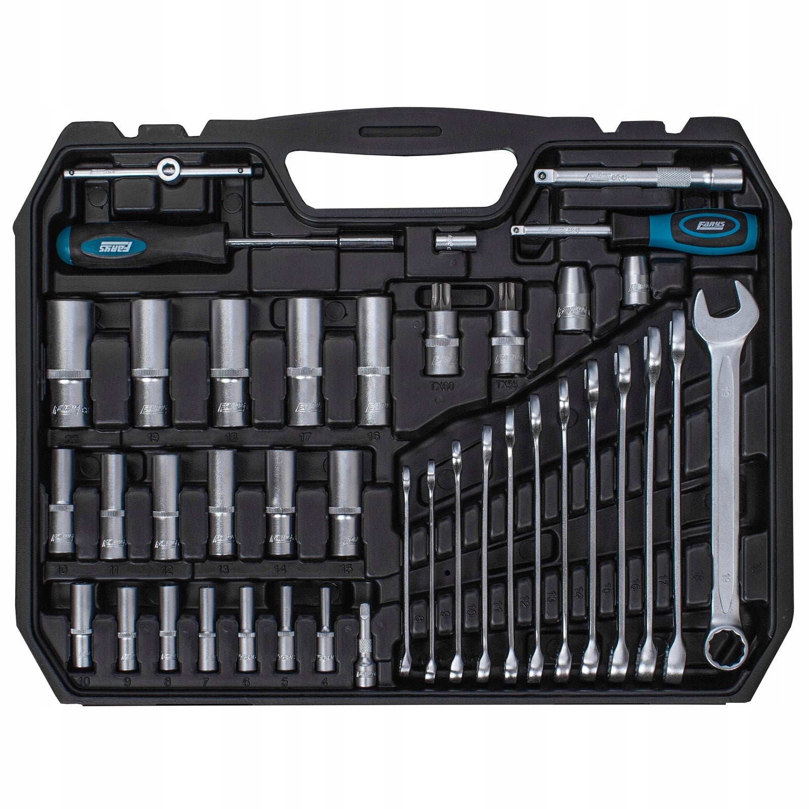SOCKET WRENCH SET 219el. SUITCASE FARYS WRENCHES FLAT EYELET CAPS Number of items in the set 219