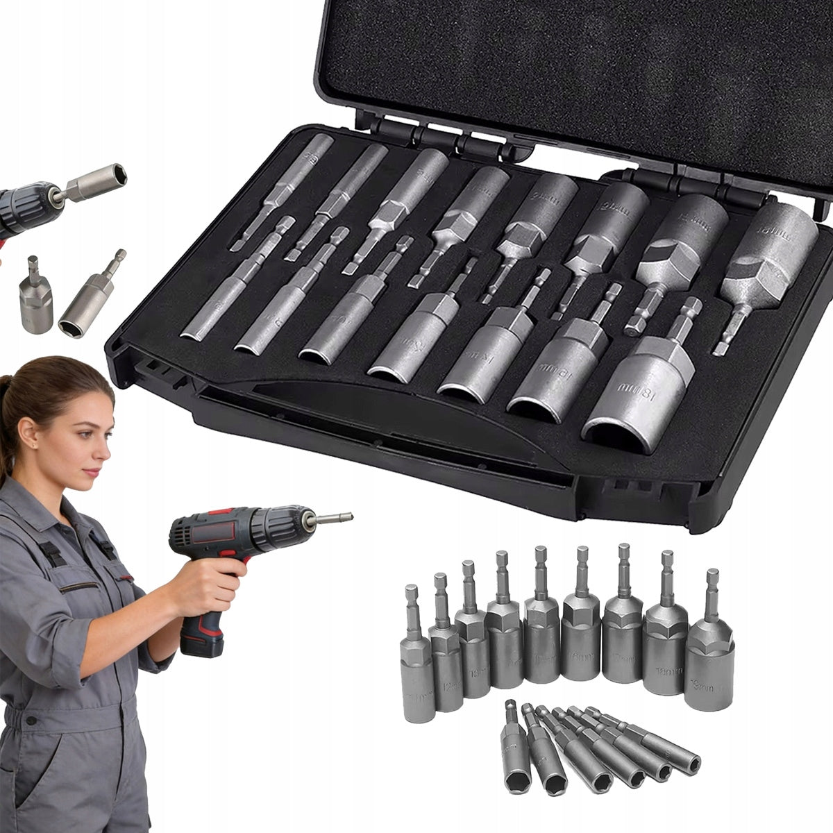 SOCKET WRENCHES FOR SCREWDRIVER HEX SET OF 15 PCS. 5.5-19 mm