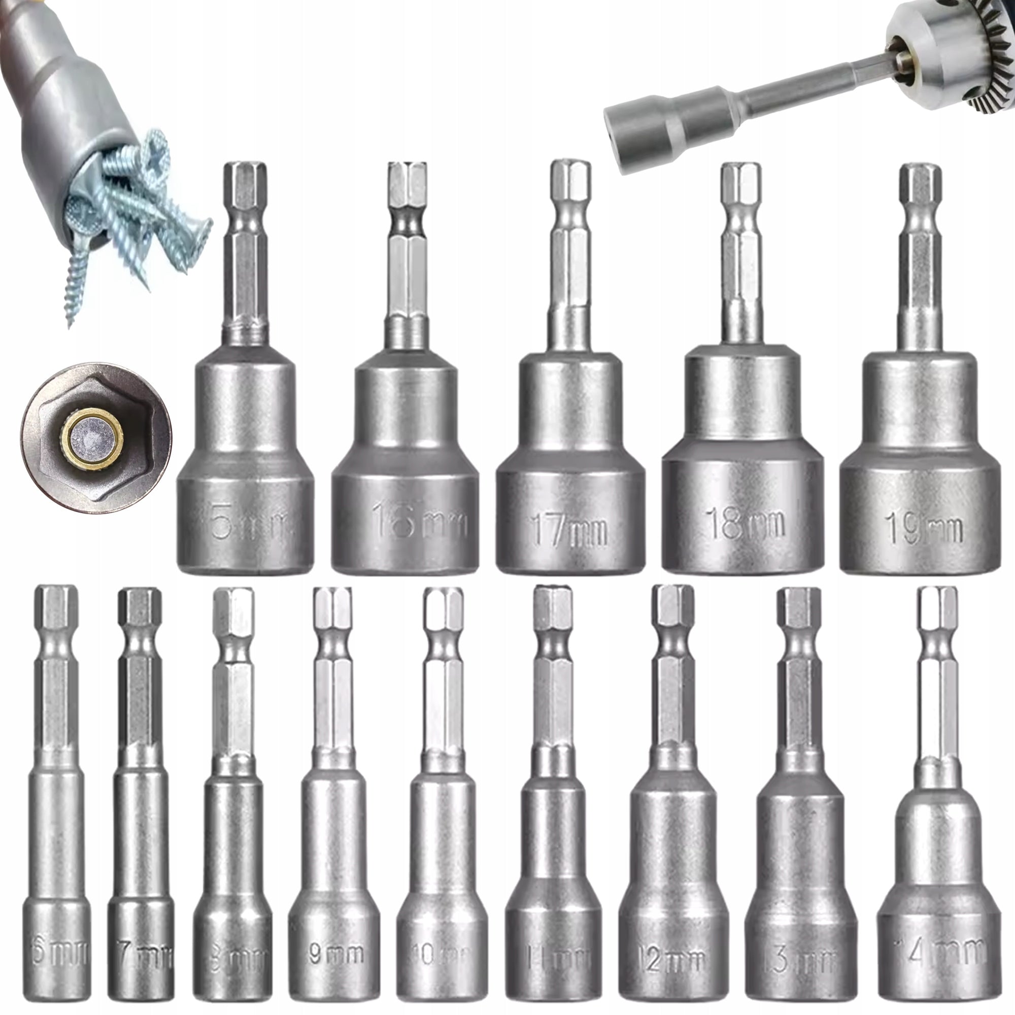 SOCKET WRENCHES WITH MAGNET FOR SCREWDRIVER 6 - 19mm CrV SET OF 14pcs.