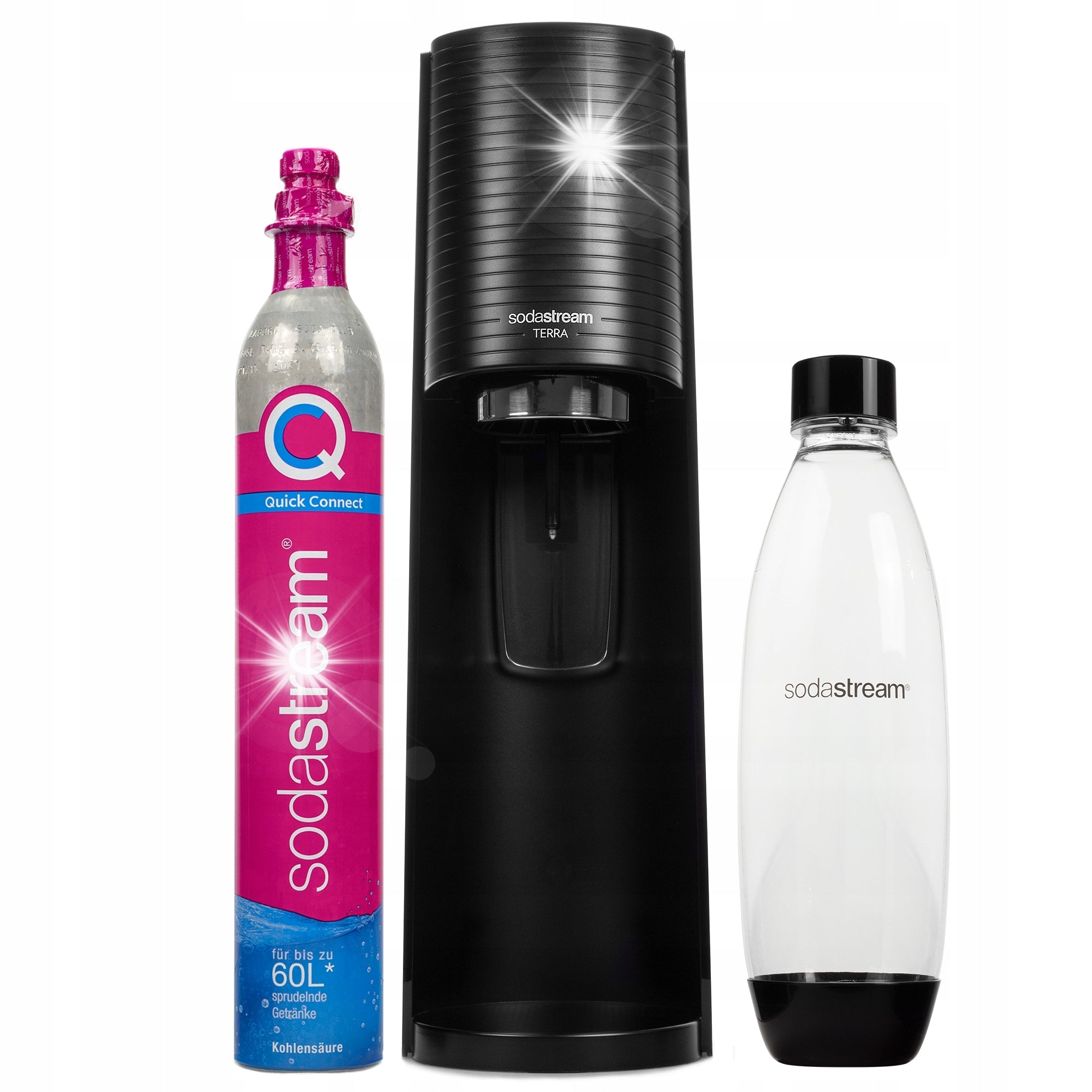 SODASTREAM Terra Carbonated Water Saturator + Black CO2 Cartridge + Bottle