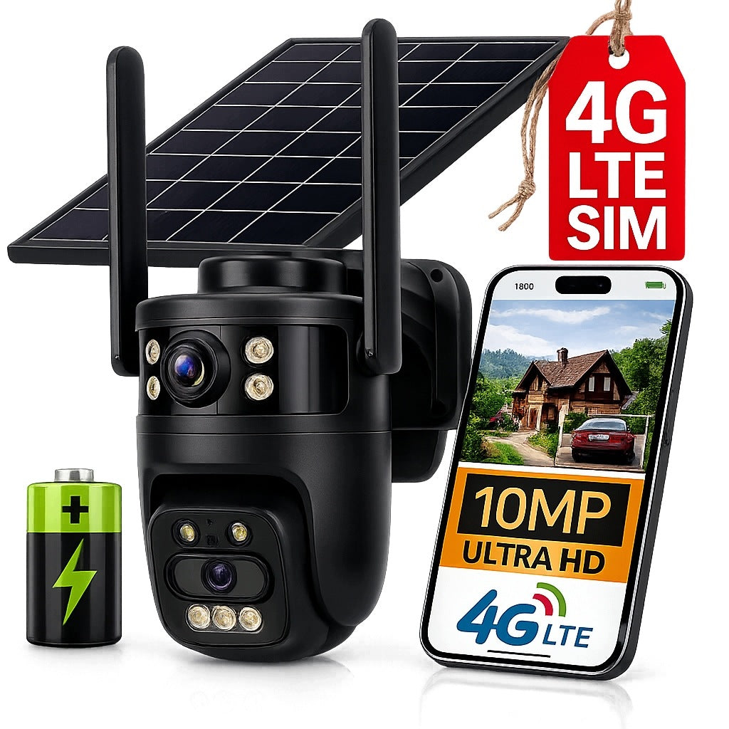 SOLAR CAMERA GSM 4G LTE 10MP ROTATING EXTERNAL FOR SIM CARD 2 LENSES
