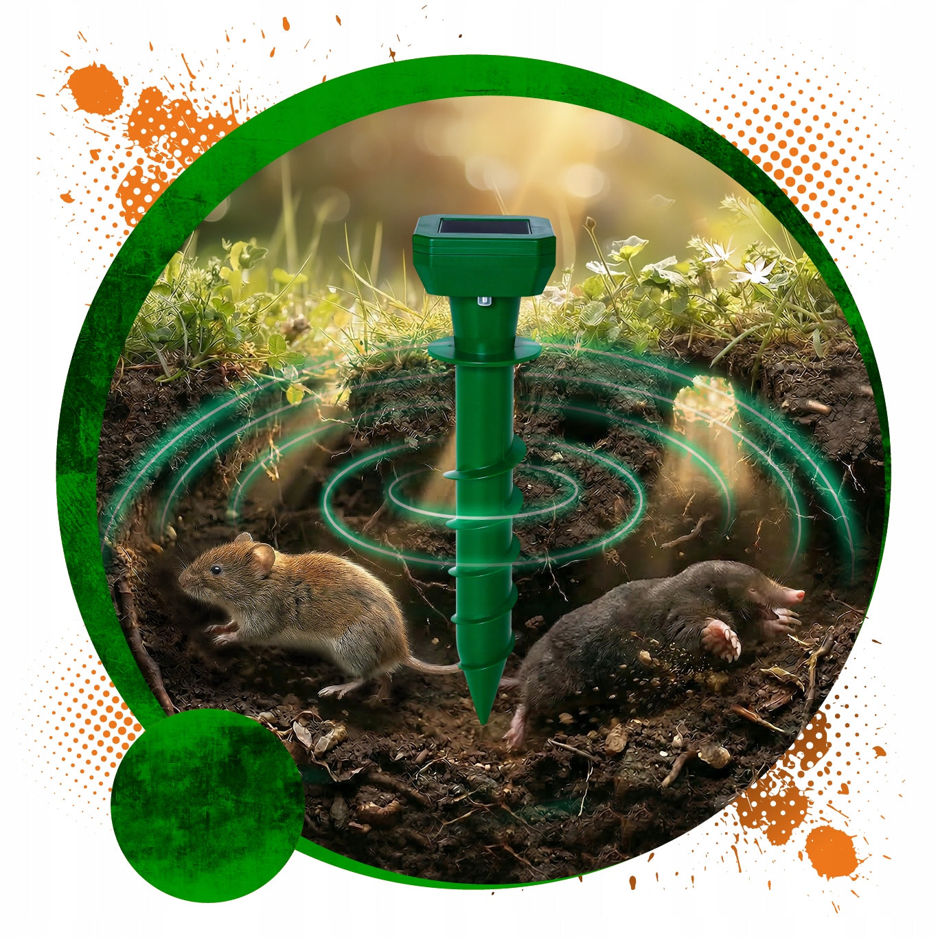 SOLAR DETERRENT FOR MOLES VOLES MICE RODENTS 2 pcs FOR GARDEN 1300m2 Batteries included no