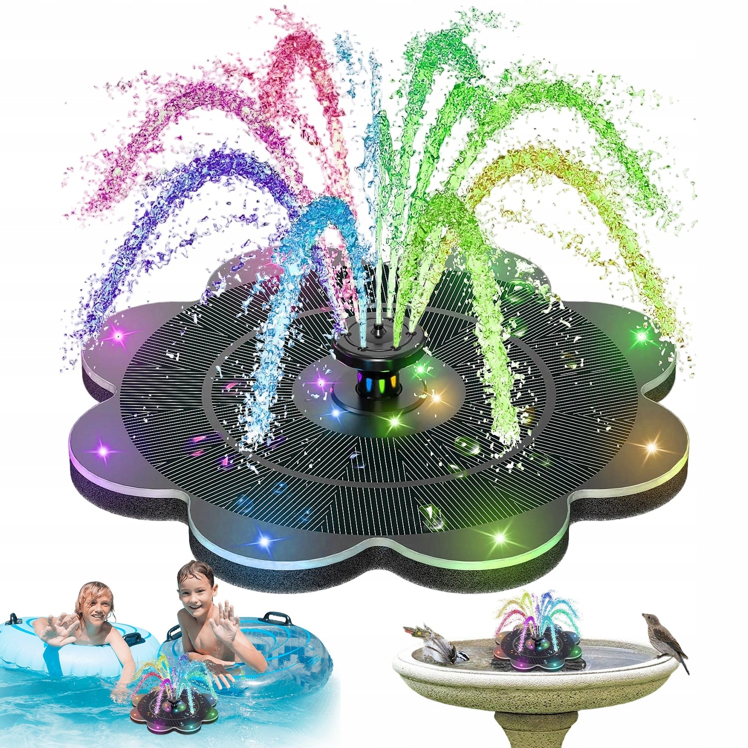 SOLAR FOUNTAIN WATER PUMP 2000mAh FOR POND + 7 NOZZLES 14 LED RGB
